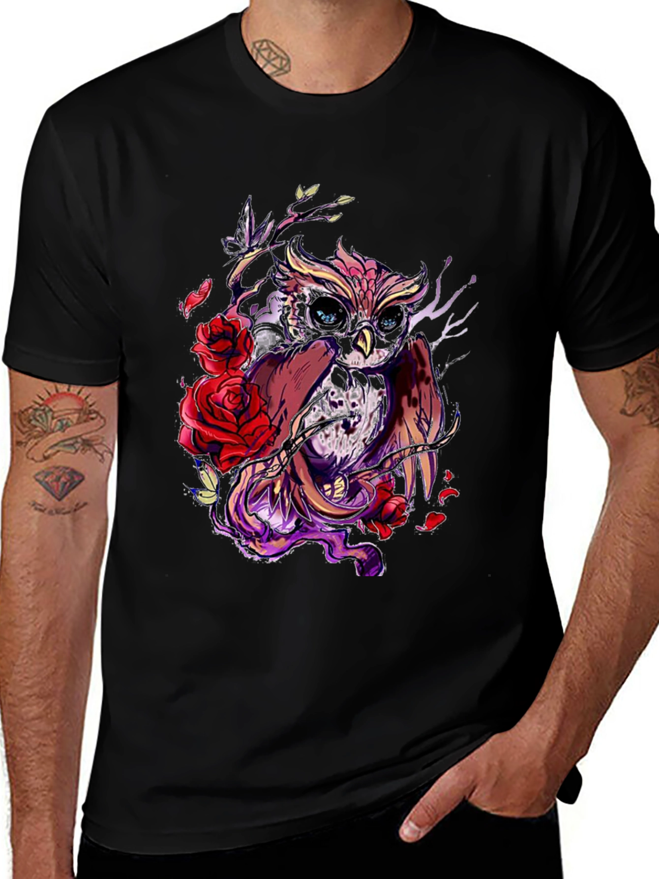 Variant 11 of Owl & Roses Graphic Tee - Dark Cotton Casual Top