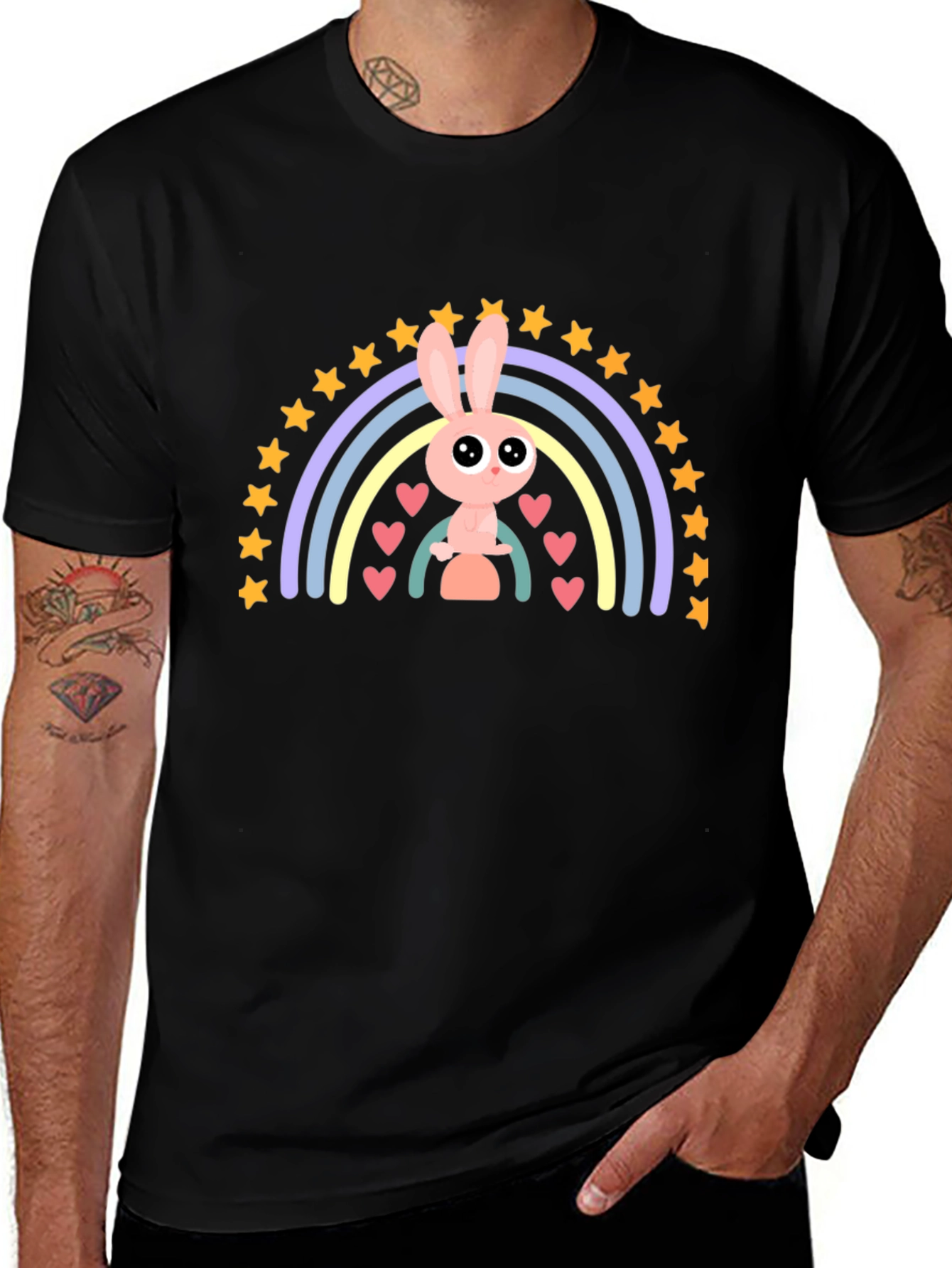 Variant 3 of Cute Bunny Rainbow Graphic Tee - Soft Black Cotton T-Shirt