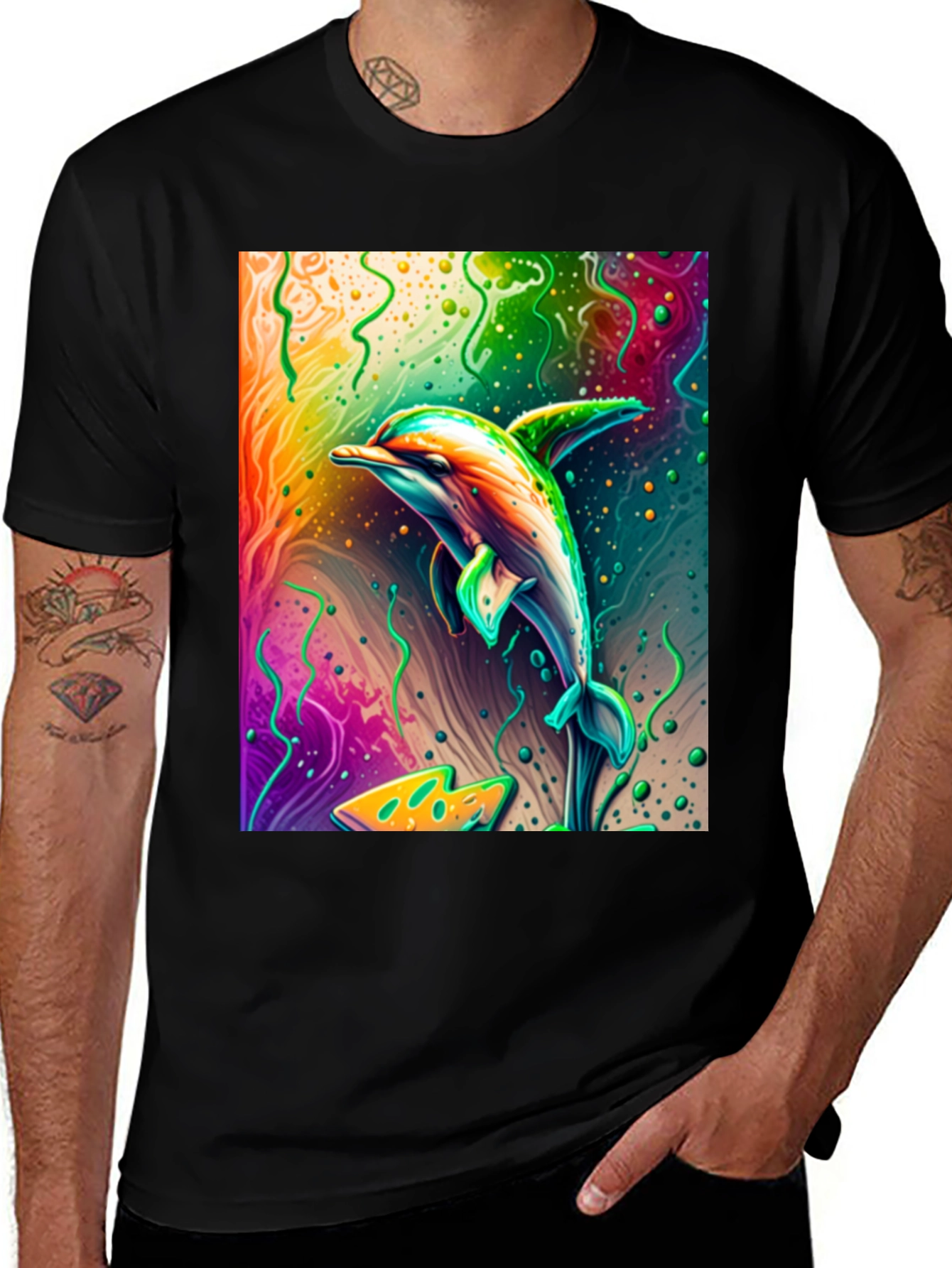 Black Vivid Dolphin Graphic T-Shirt - Black Cotton Tee main image
