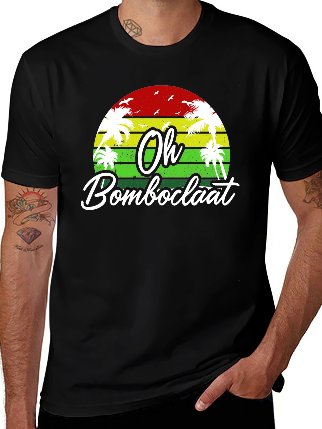 Variant 14 of Oh Bomboclaat Graphic Tee - Rasta Color Sunset & Palms T-Shirt