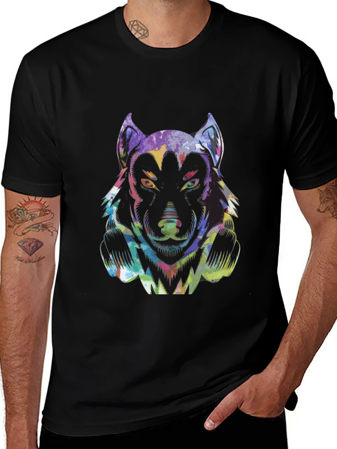 Variant 16 of Colorful Wolf Graphic Tee - Men's Black T-Shirt
