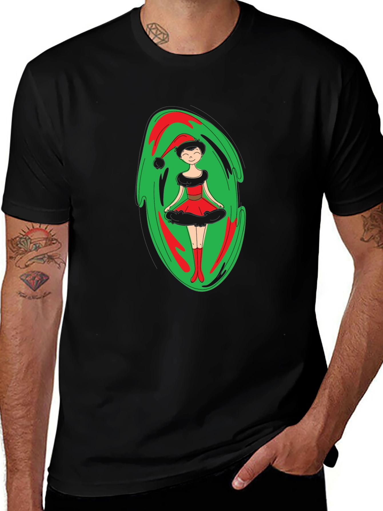 Festive Holiday Elf Graphic Tee - Black