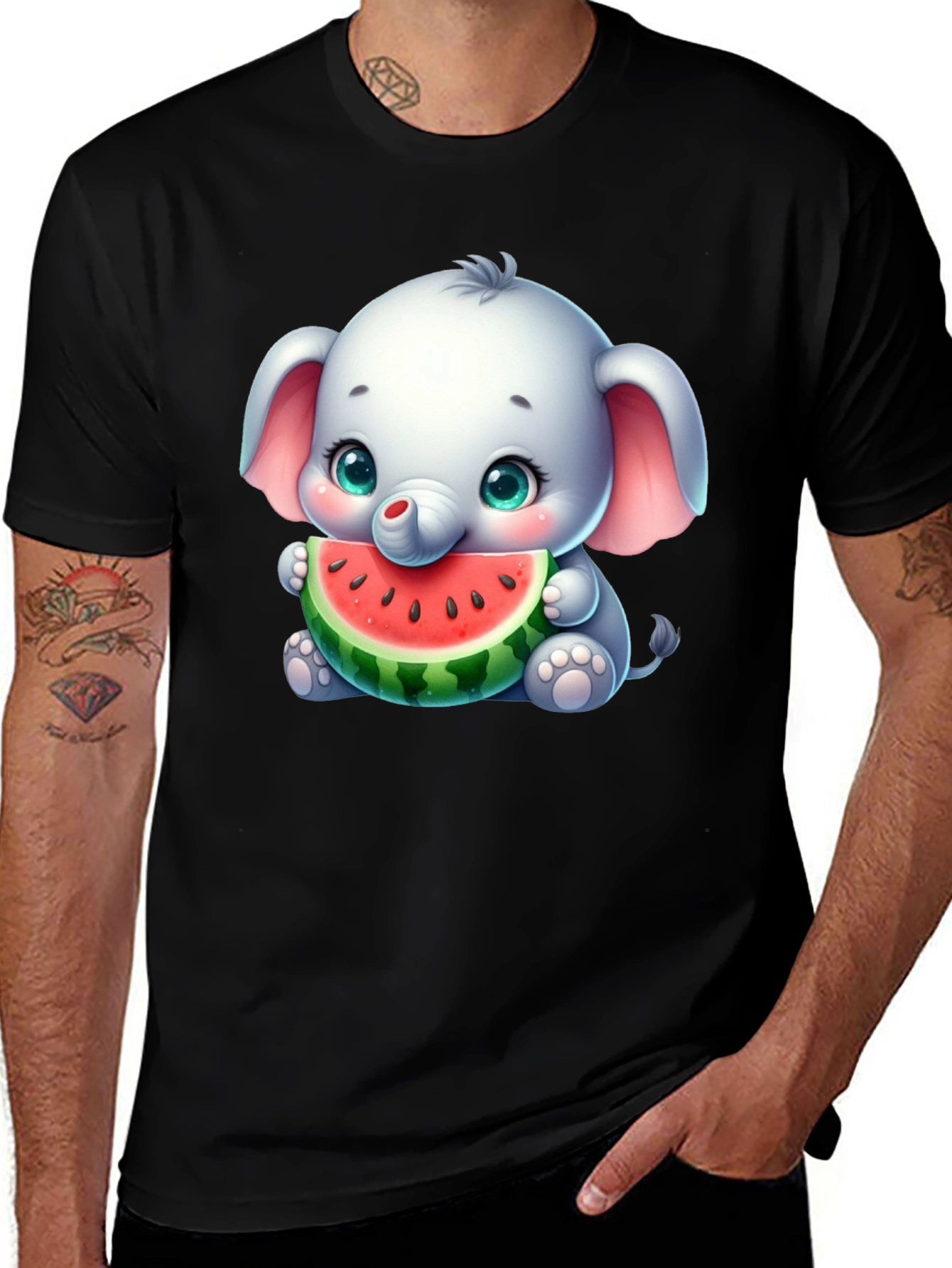 Variant 7 of Cute Elephant Watermelon Black T-Shirt