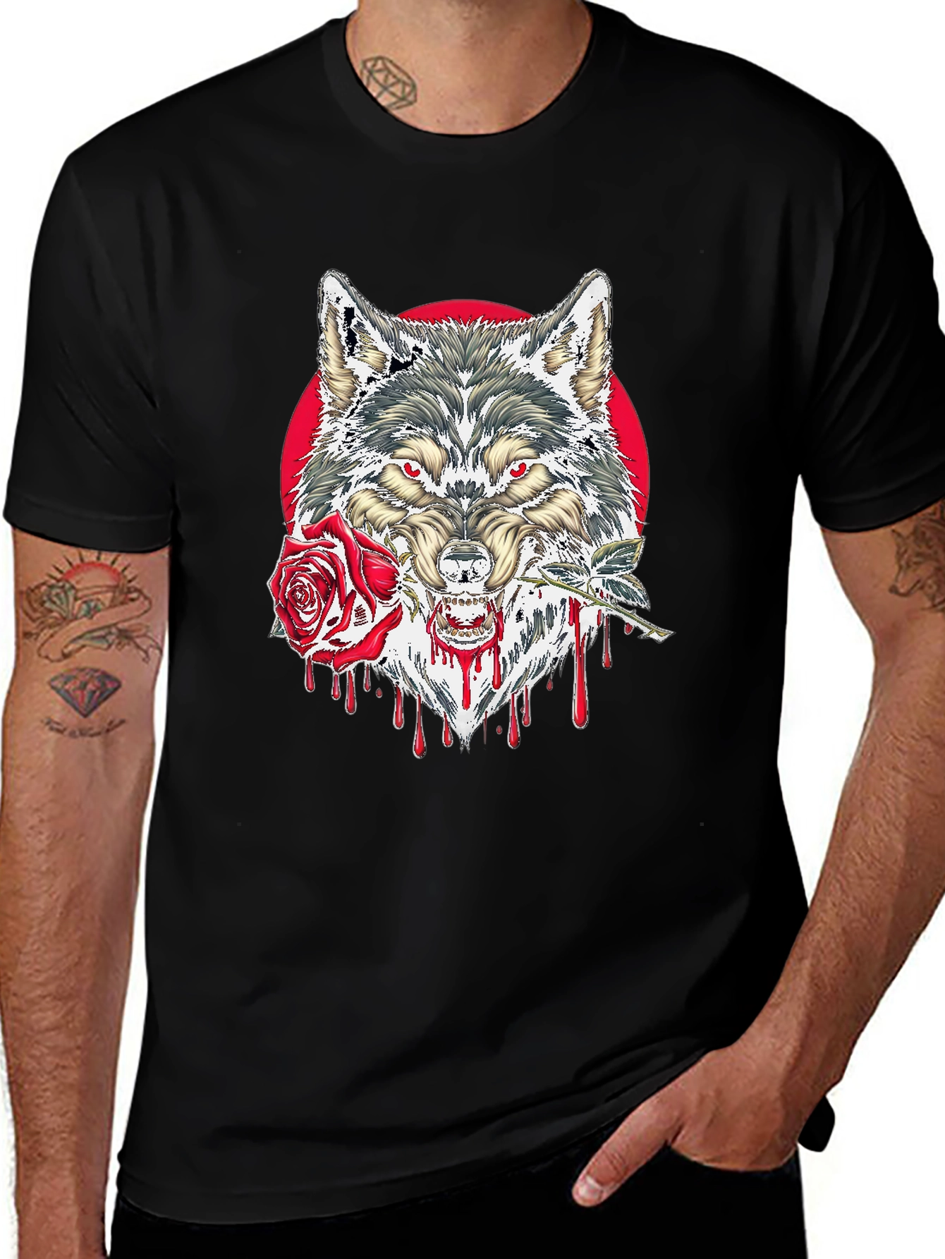 Variant 19 of Wolf and Rose Graphic Tee - Men's Black T-Shirt