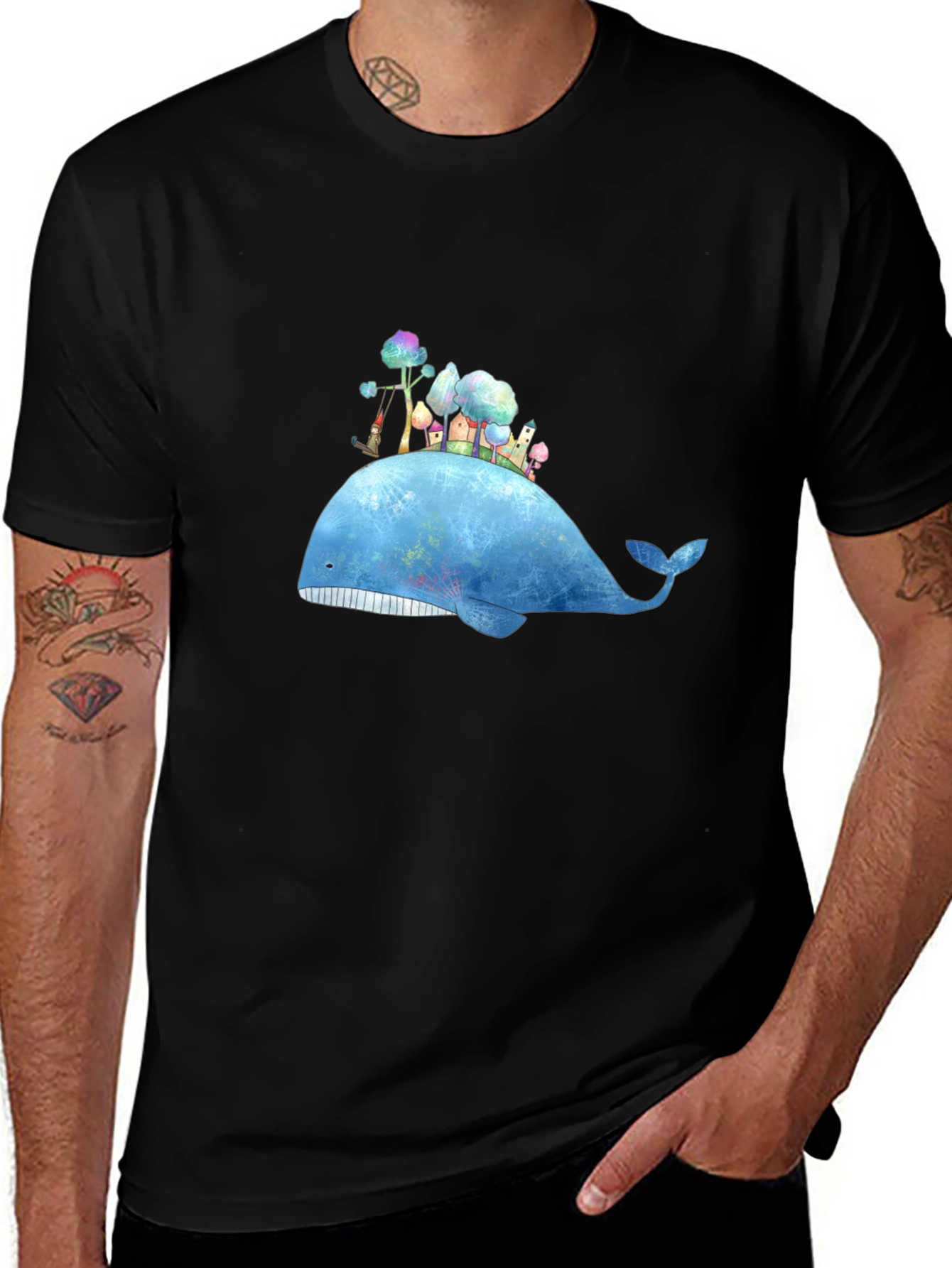 Variant 30 of Whimsical Whale Island Graphic Tee - Black