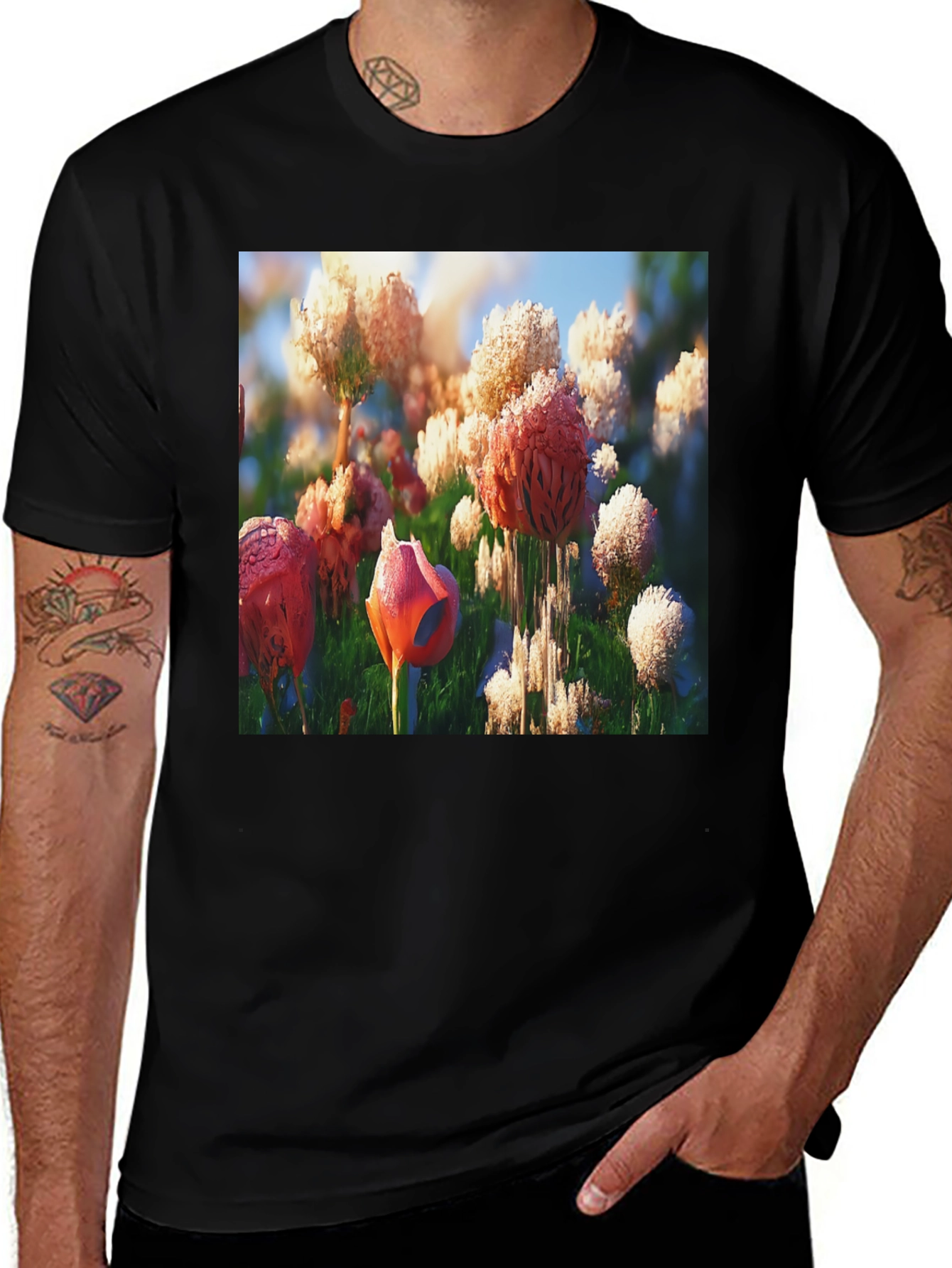 Variant 12 of Floral Print Black T-Shirt - Artistic Design