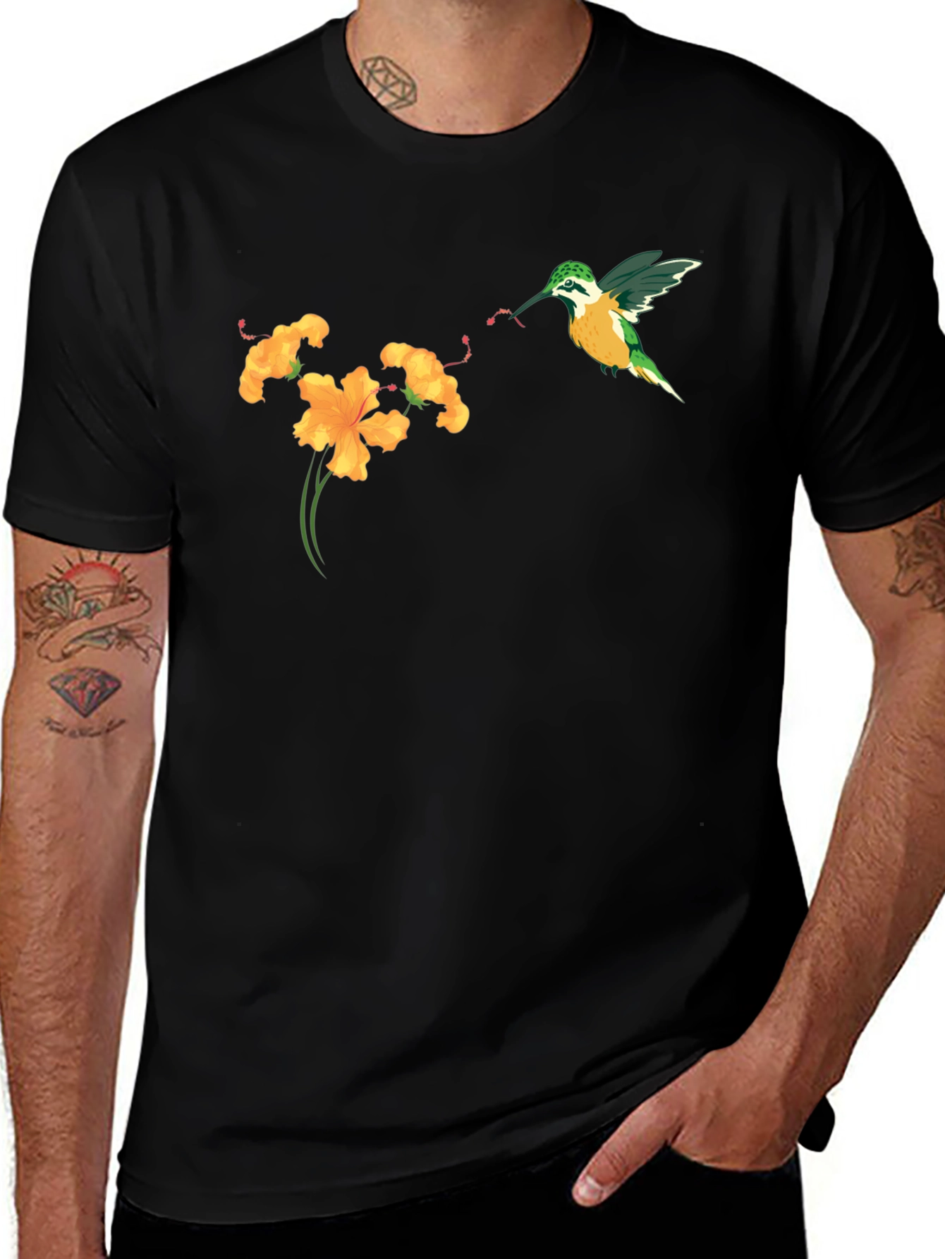 Variant 20 of Hummingbird & Flower Graphic Tee - Stylish Black T-Shirt