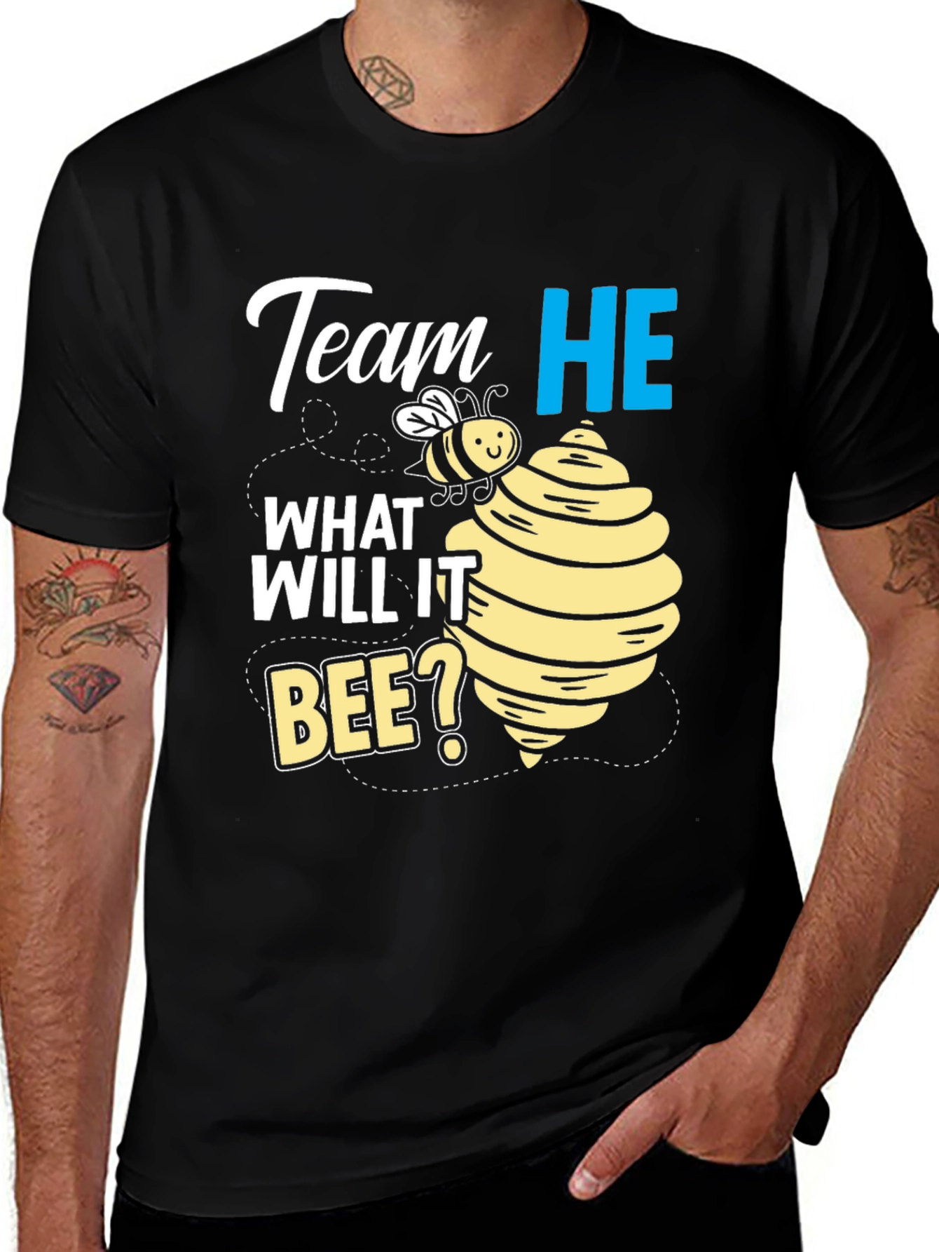 Variant 28 of Team He What Will It Bee? Gender Reveal T-Shirt