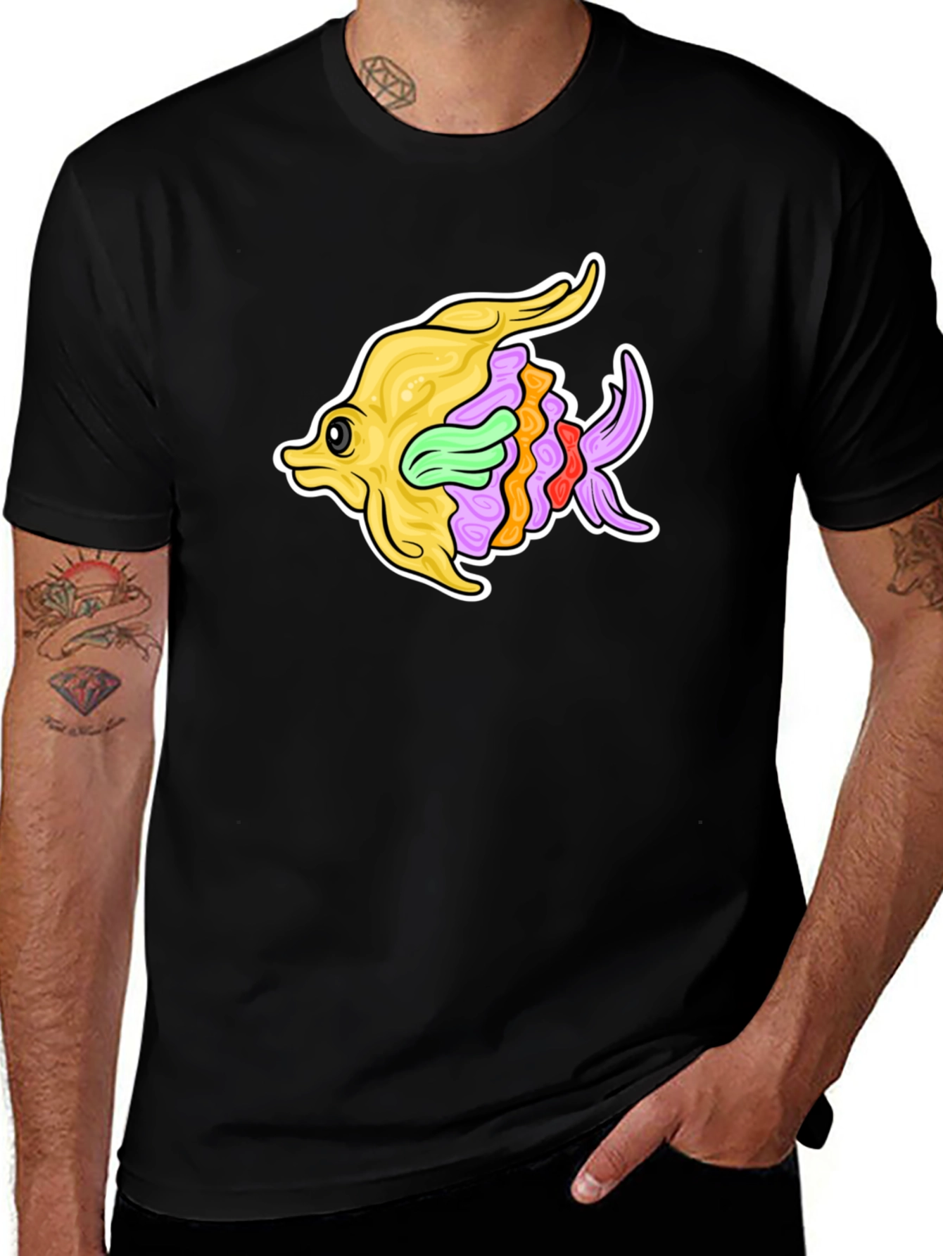 Variant 13 of Colorful Fish Graphic Tee - Black Cotton T-Shirt