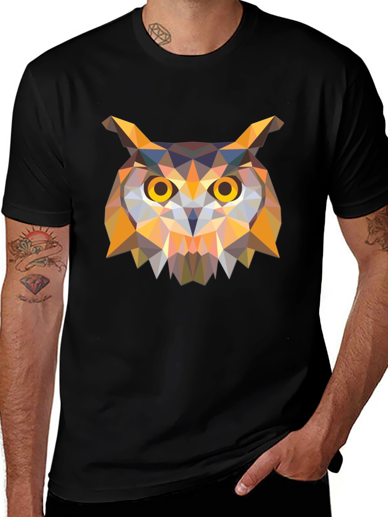 Variant 26 of Geometric Owl Graphic Tee - Stylish Men's Black T-Shirt