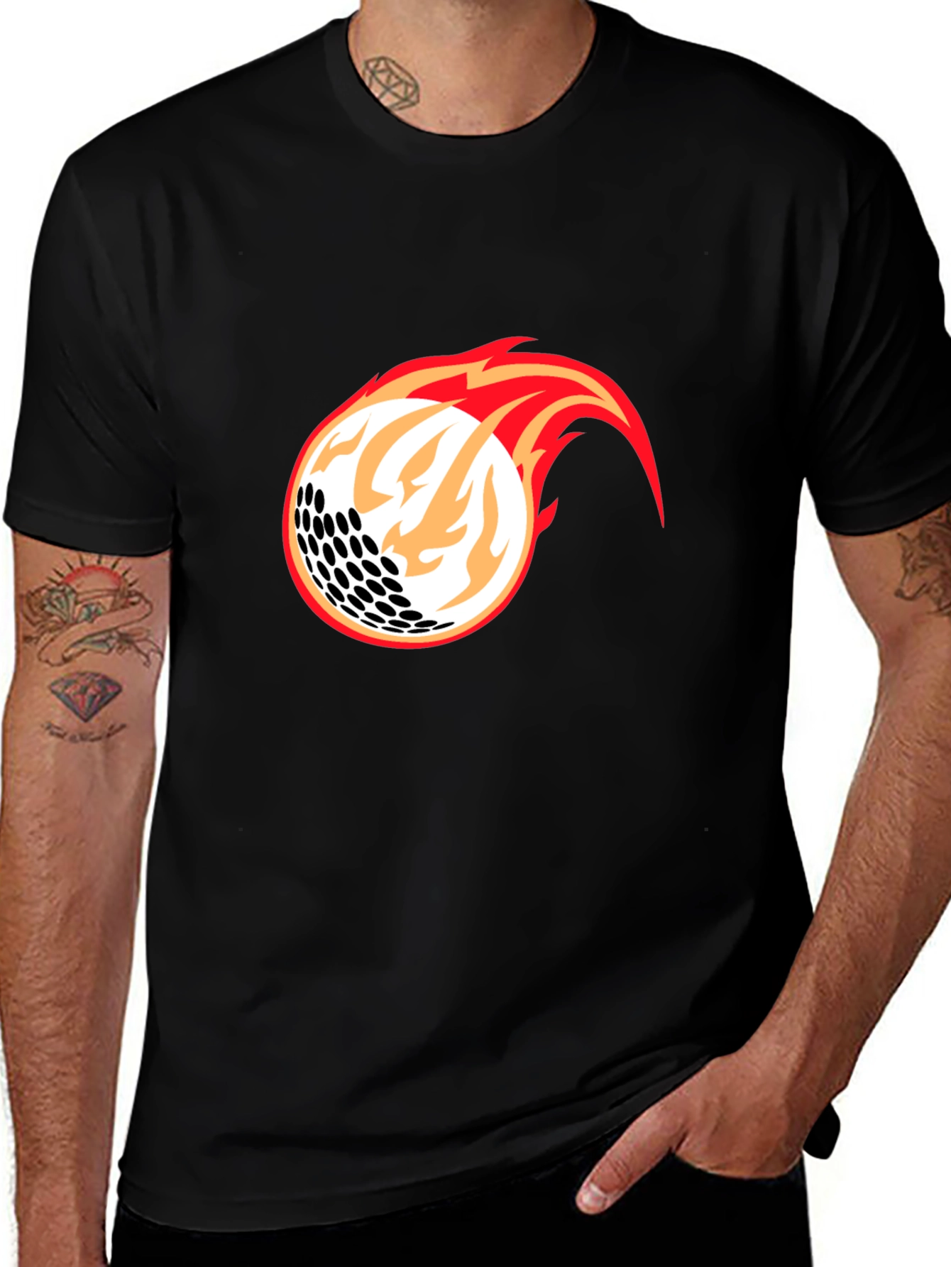 Variant 18 of Flaming Golf Ball Graphic Tee - Black Cotton Blend