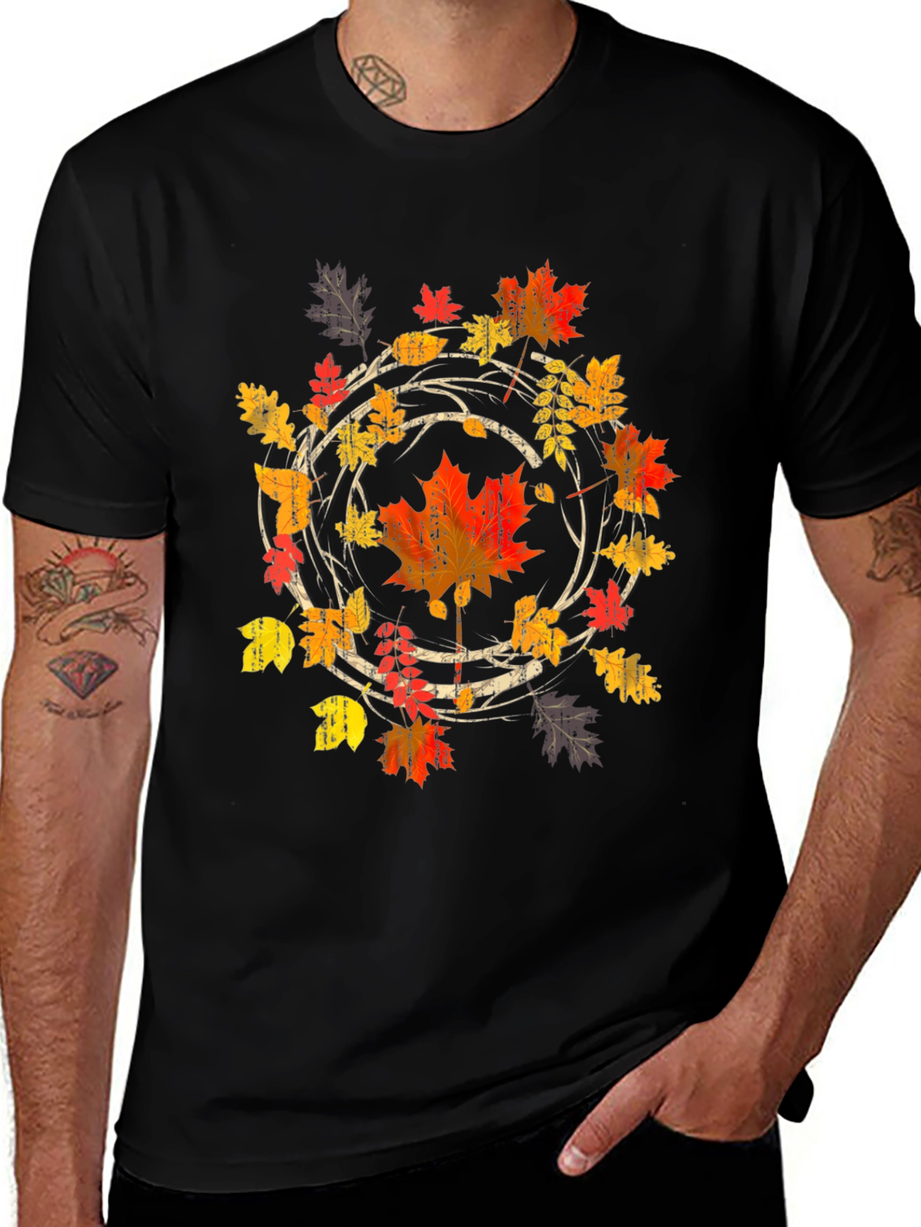 Variant 10 of Autumn Leaf Circle Graphic Tee - Black Cotton Shirt