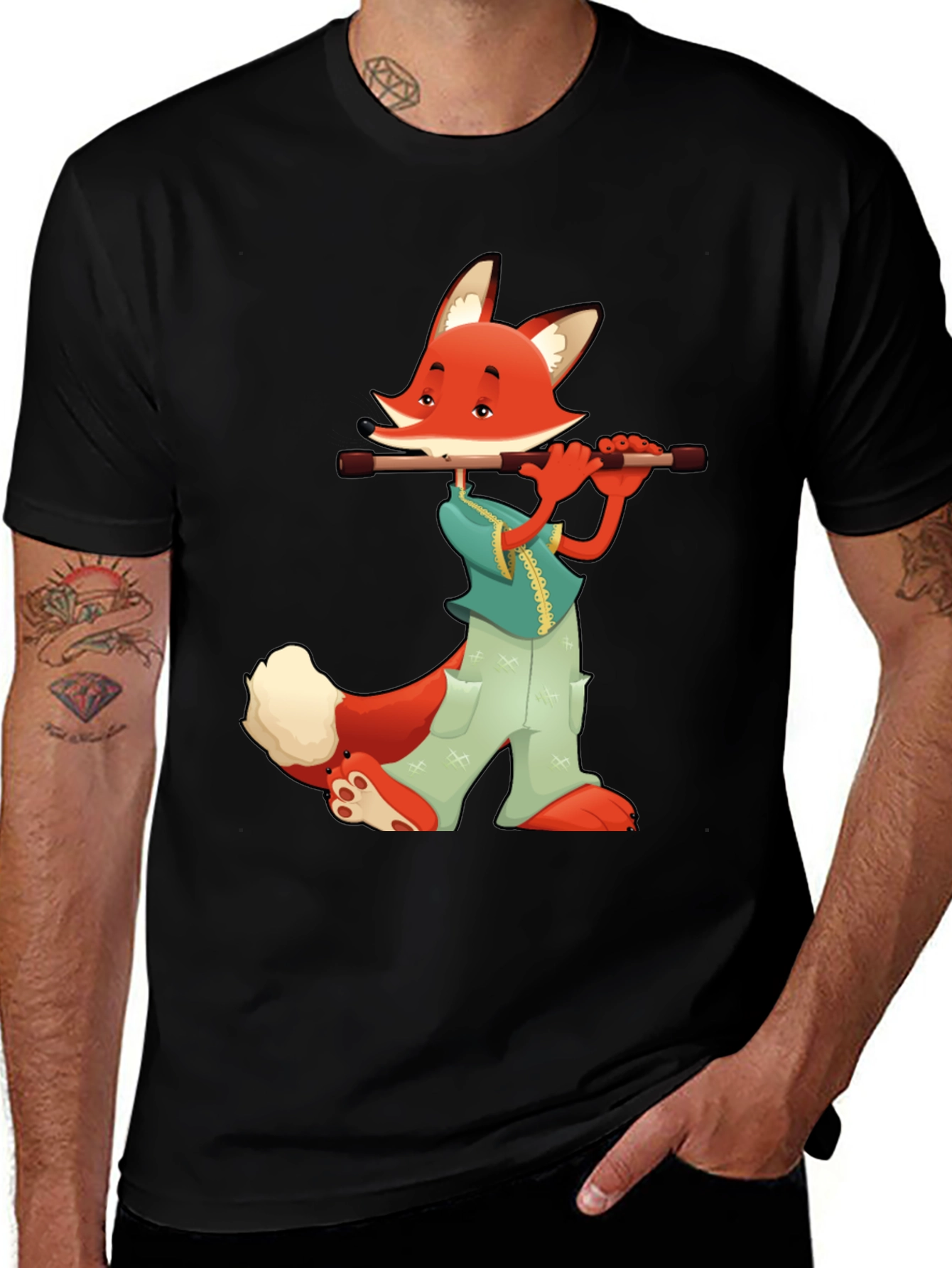 Fox Flute Player Graphic T-Shirt - Black