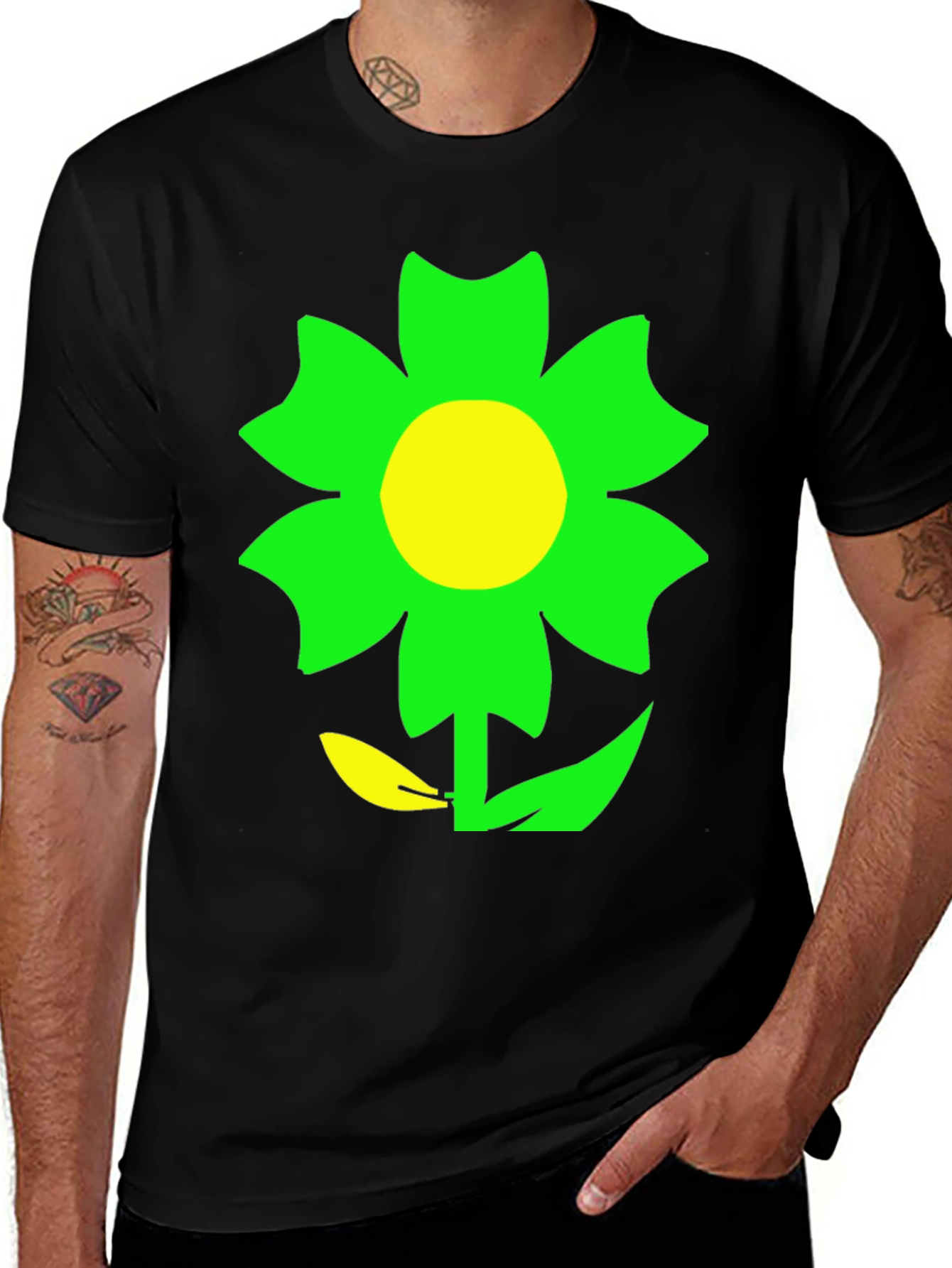 Variant 21 of Green Flower Graphic Black T-Shirt