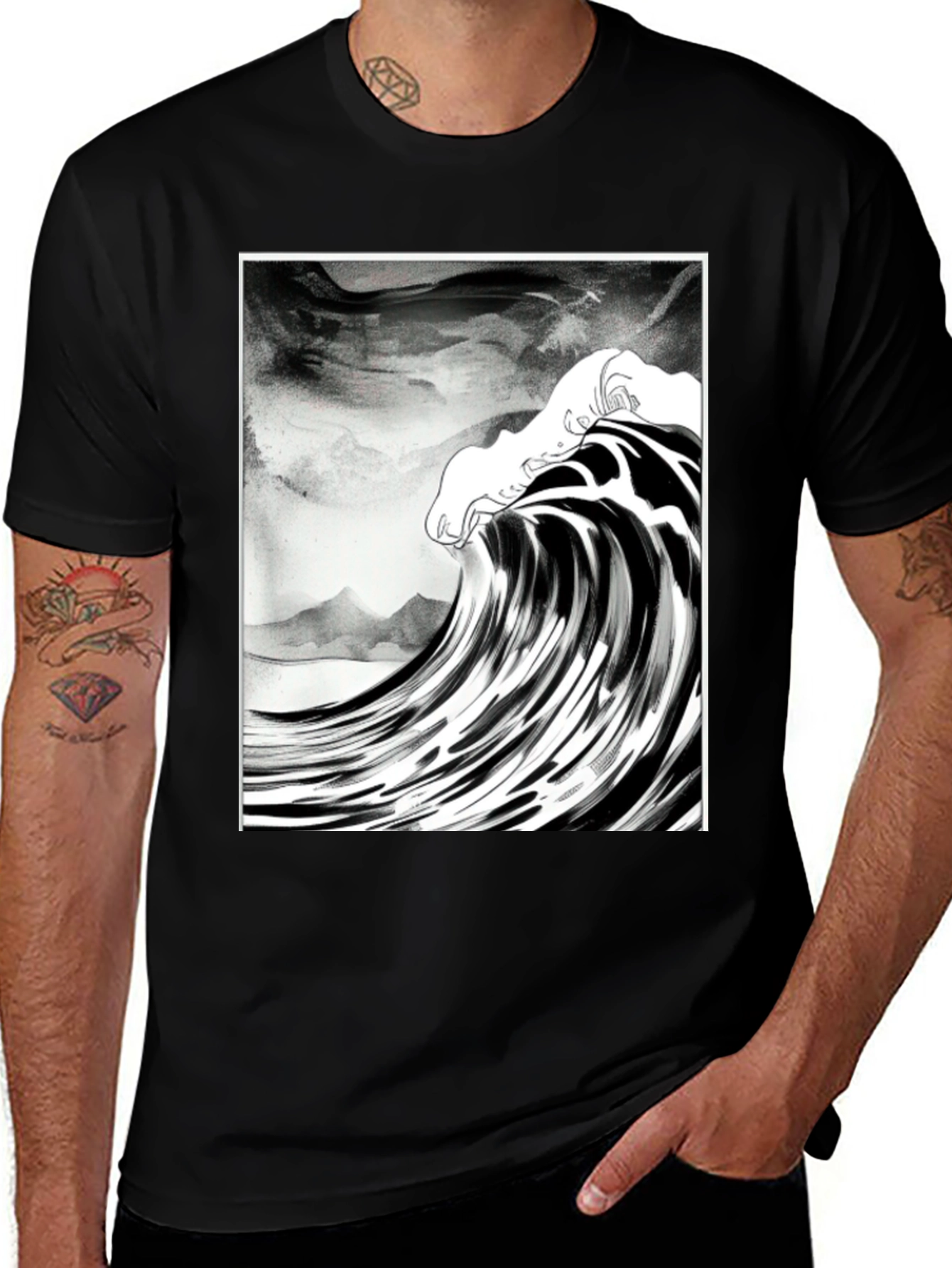 Variant 27 of Wave Art Graphic Tee - Black Cotton T-Shirt
