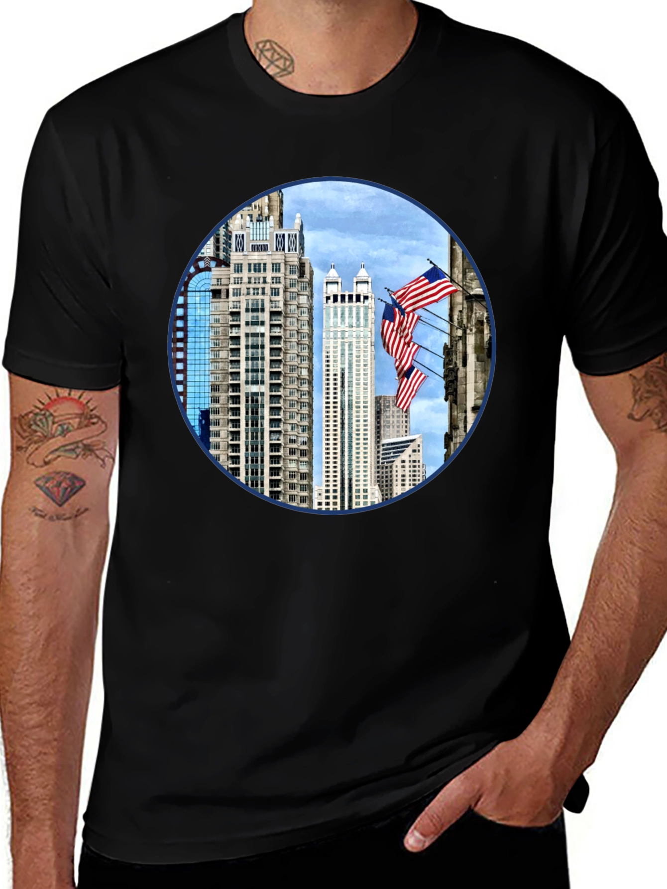 Variant 30 of Cityscape American Flag Men's Graphic Tee