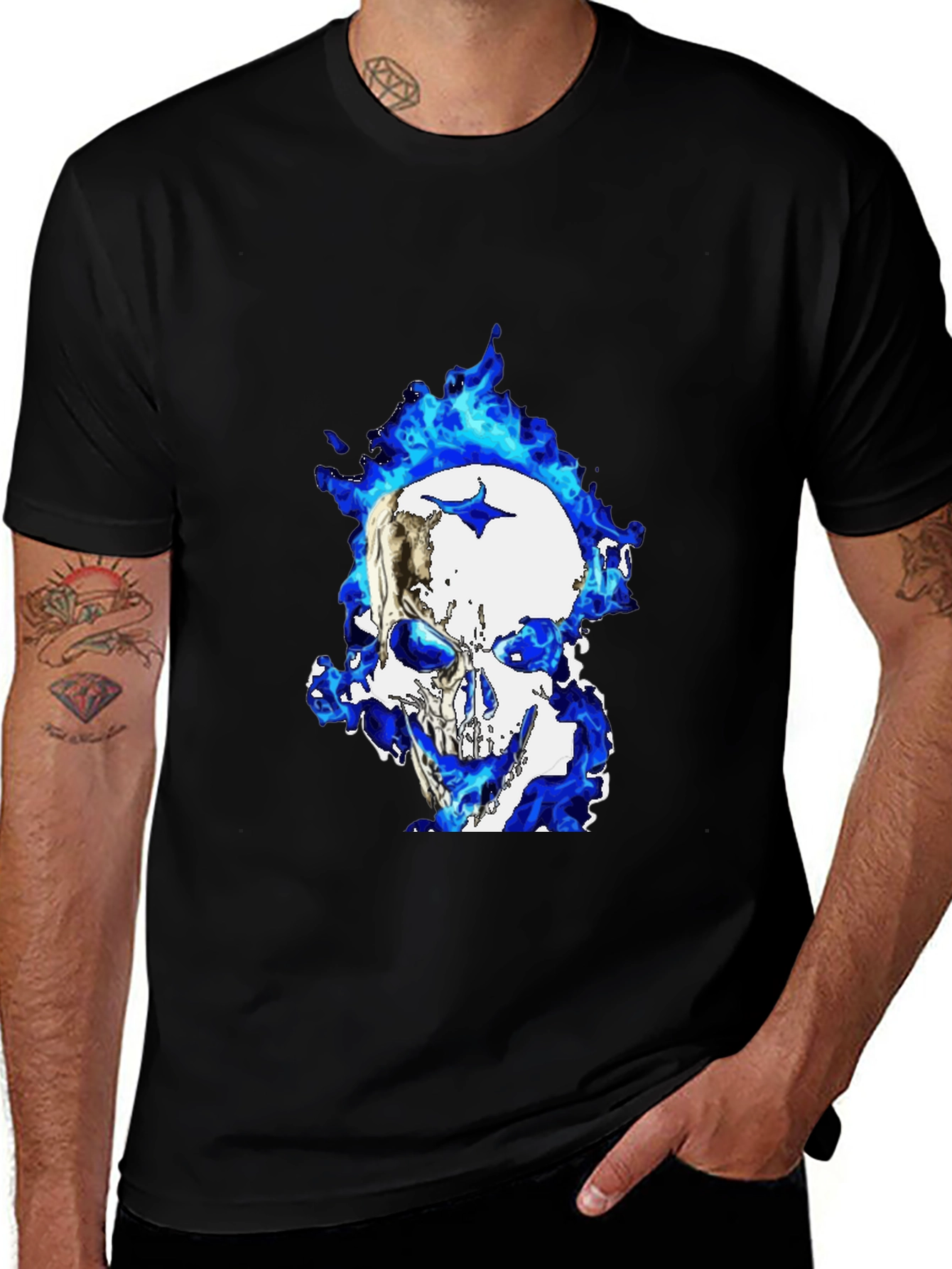 Variant 25 of Blue Flame Skull Graphic T-Shirt - Black