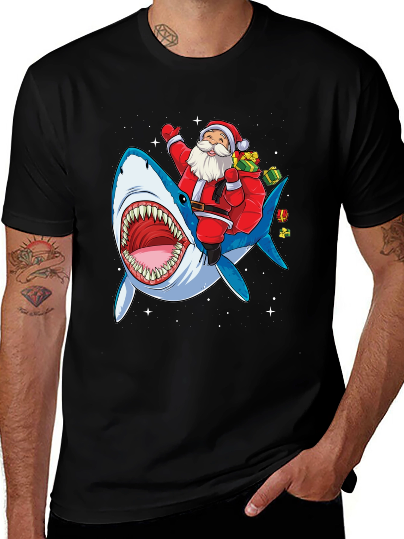 Variant 14 of Santa Riding Shark T-Shirt - Holiday Fun