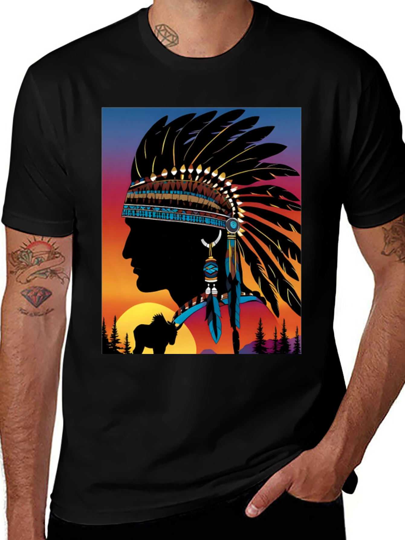 Variant 29 of Native American Headdress T-Shirt Black Graphic Tee