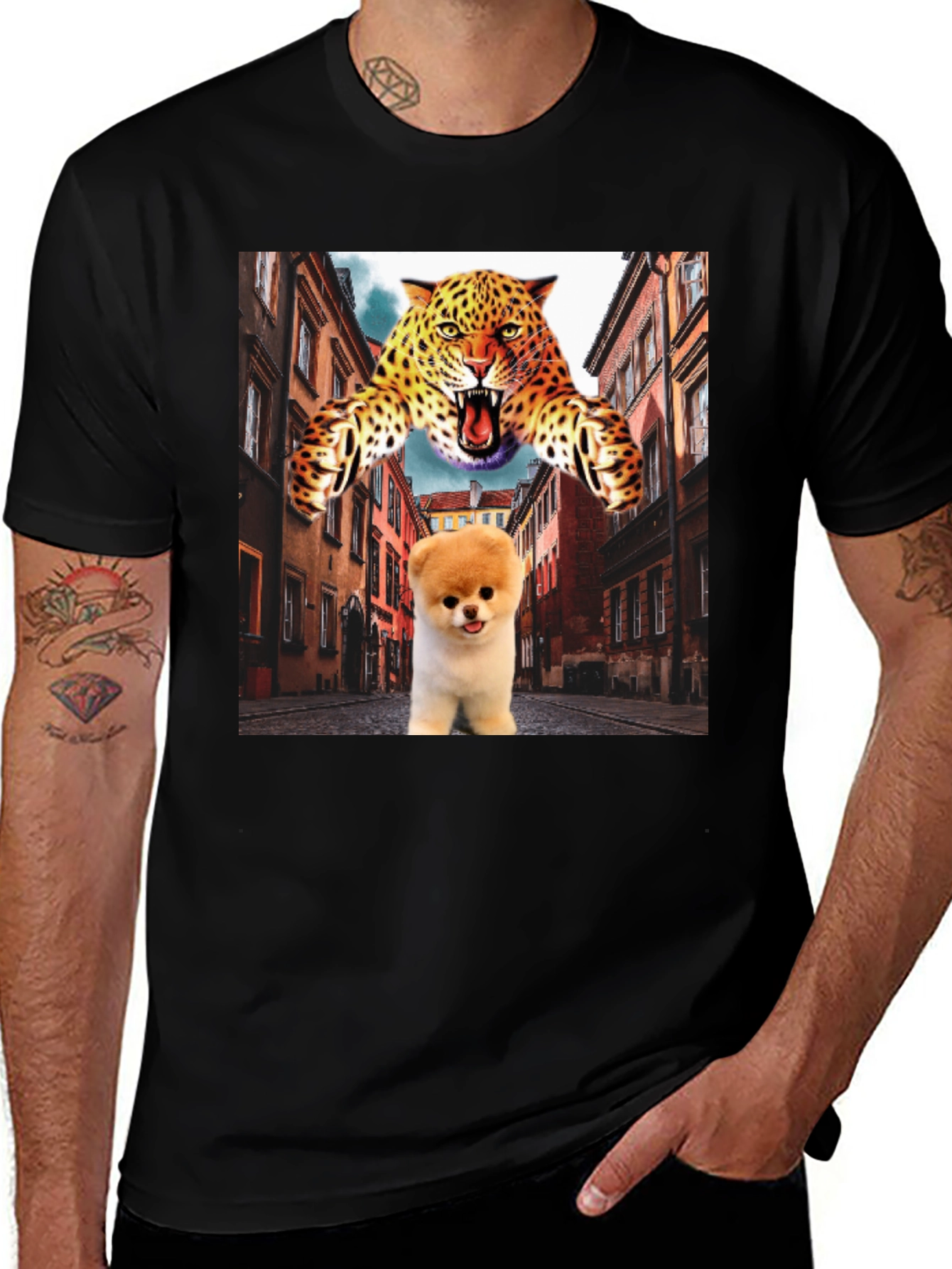 Black Novelty Graphic T-Shirt: Leopard and Pomeranian Design main image