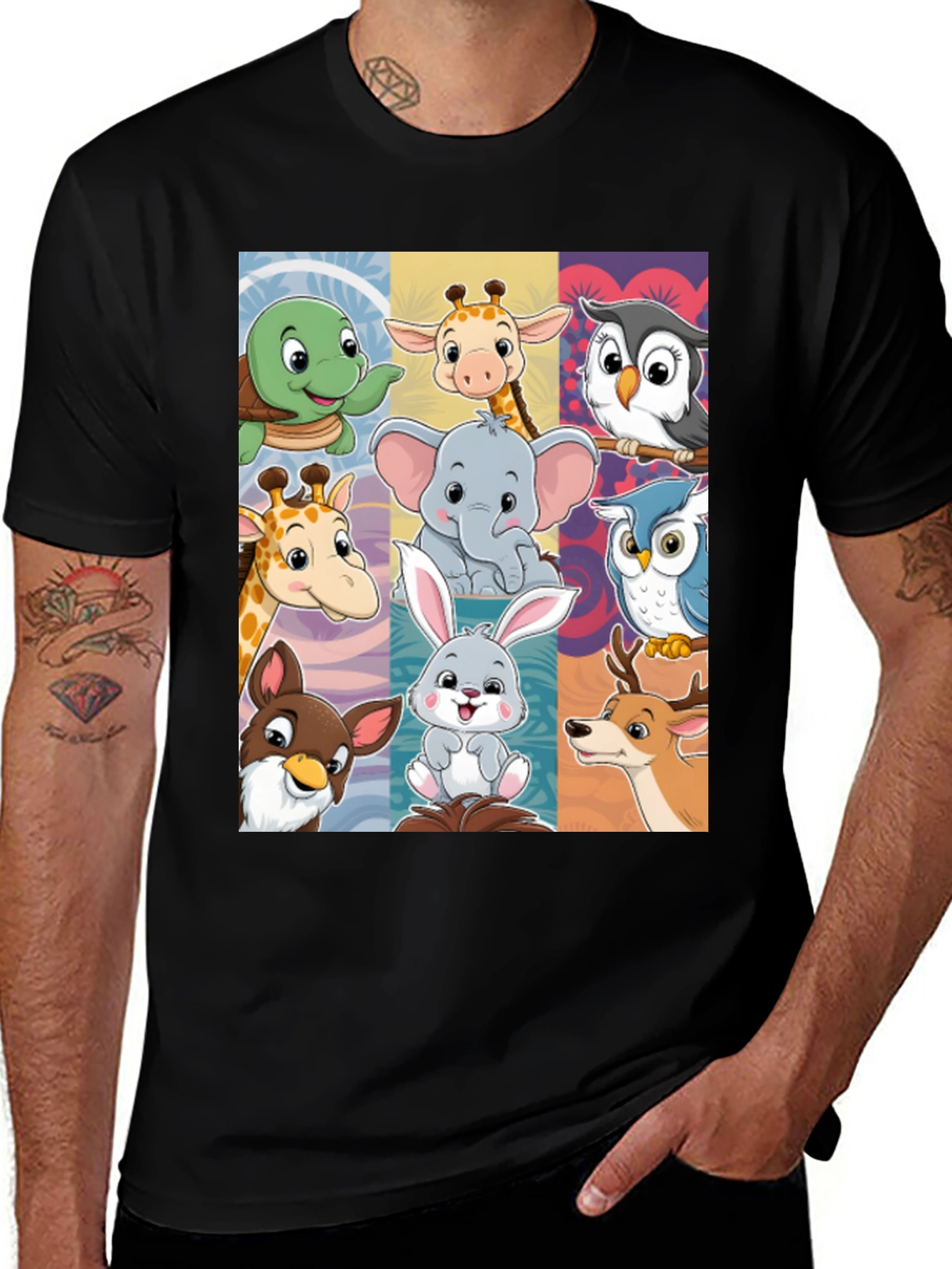 Variant 5 of Cartoon Animal Collage Black T-Shirt