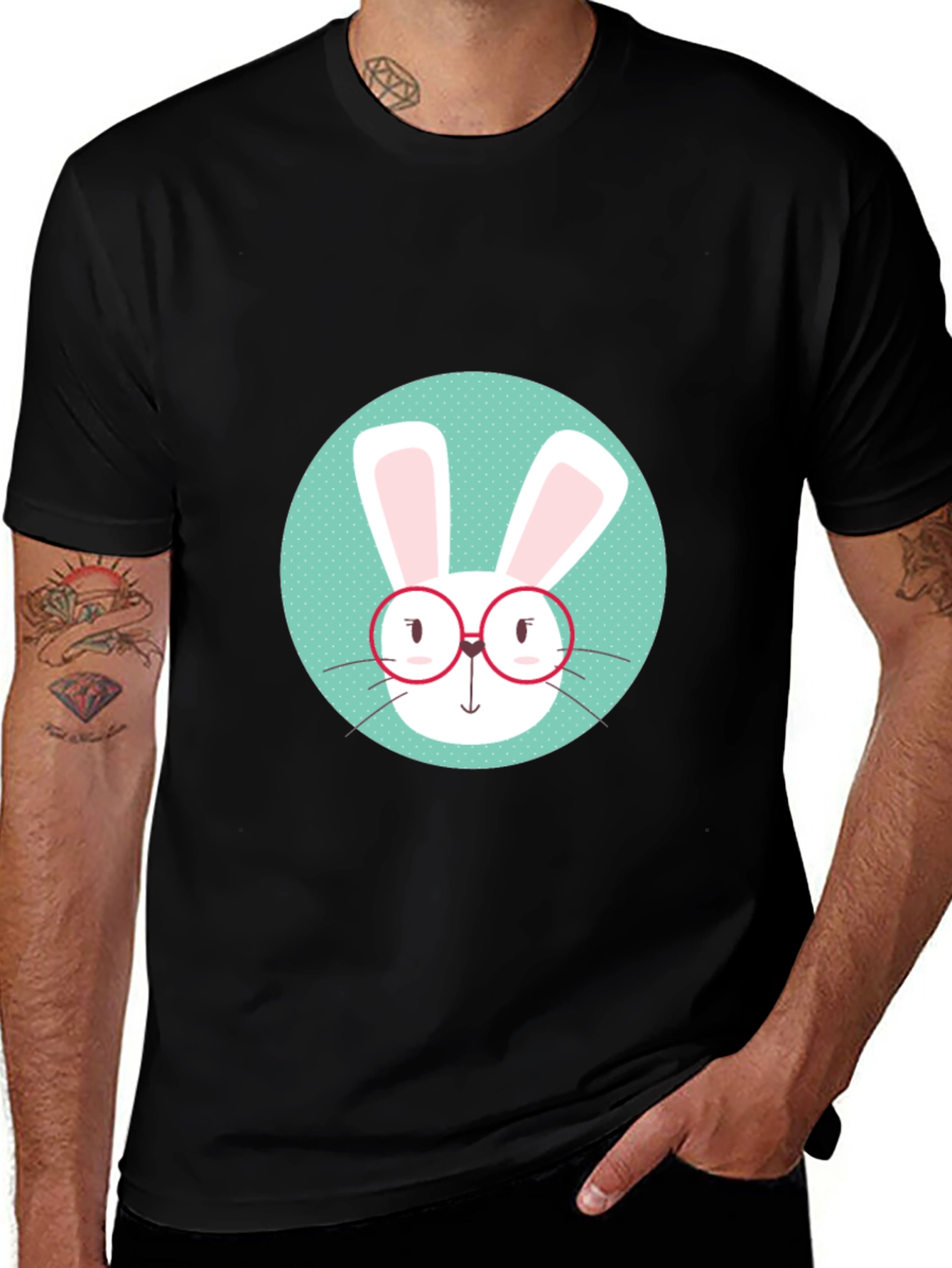 Variant 11 of Cute Bunny in Glasses Graphic Tee - Black Cotton T-Shirt
