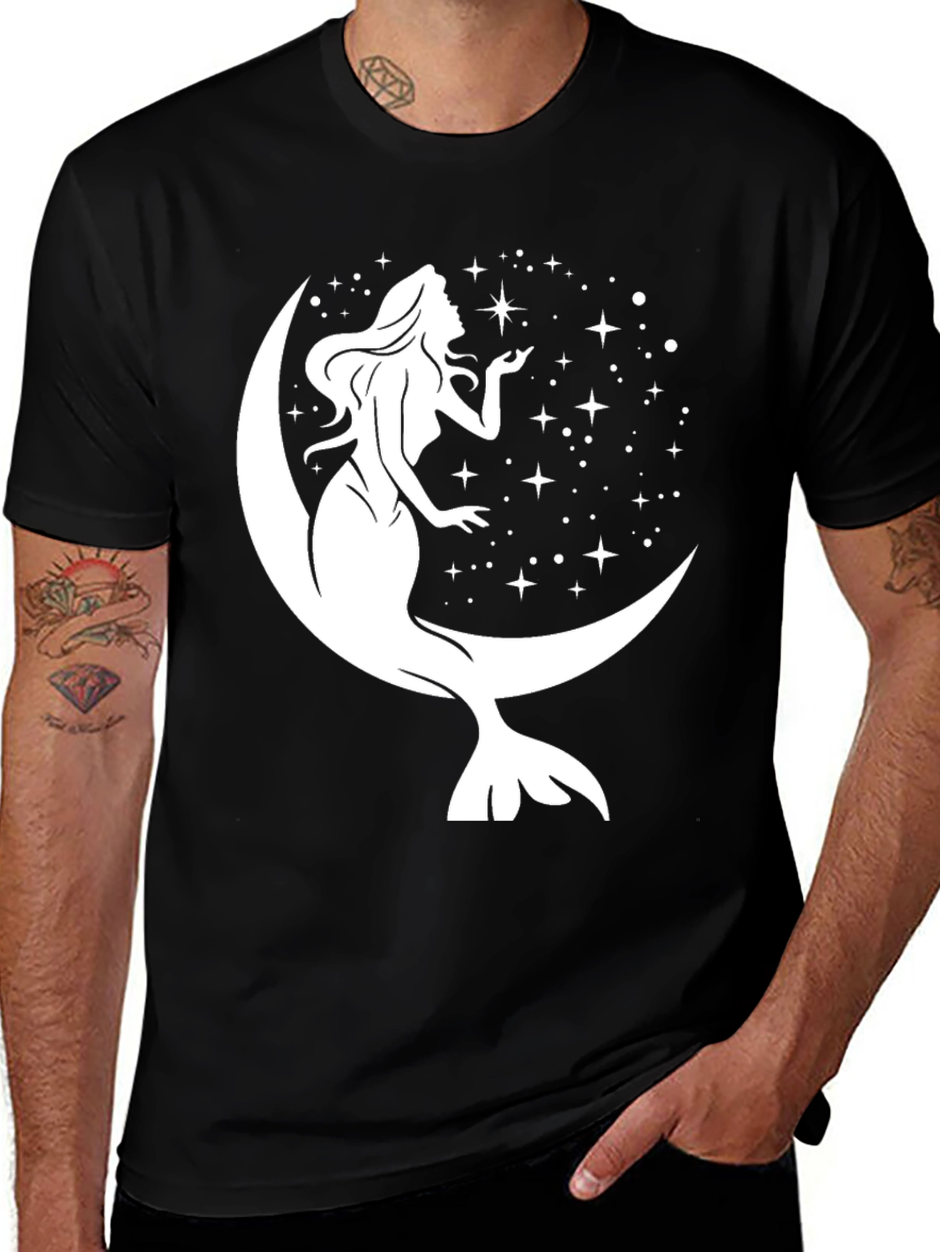Mermaid Moon Stars Graphic Tee - Black Cotton Blend