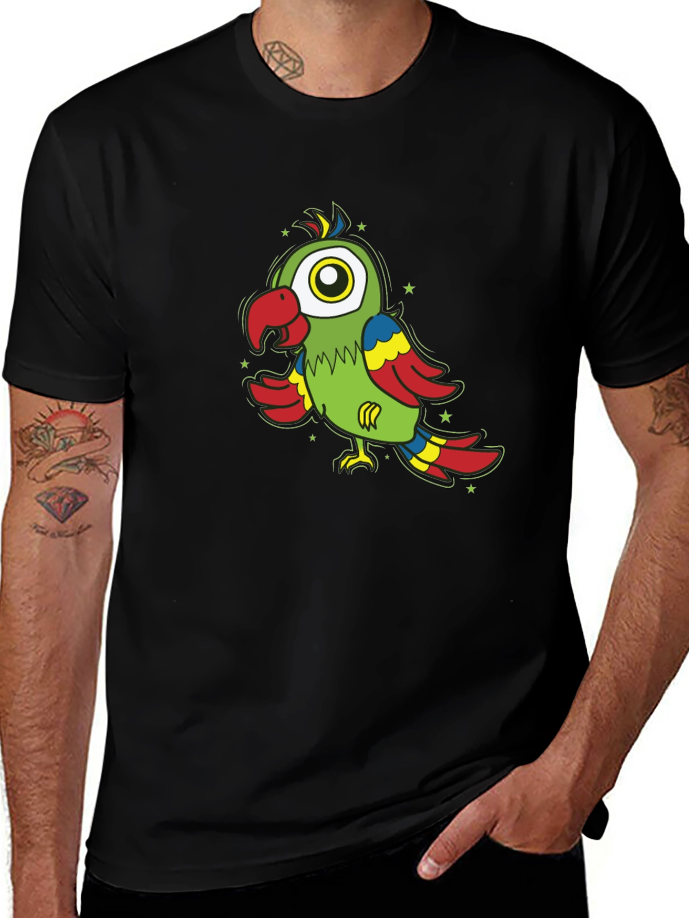 Variant 16 of Cartoon Parrot Graphic Tee - Black Cotton Casual T-Shirt