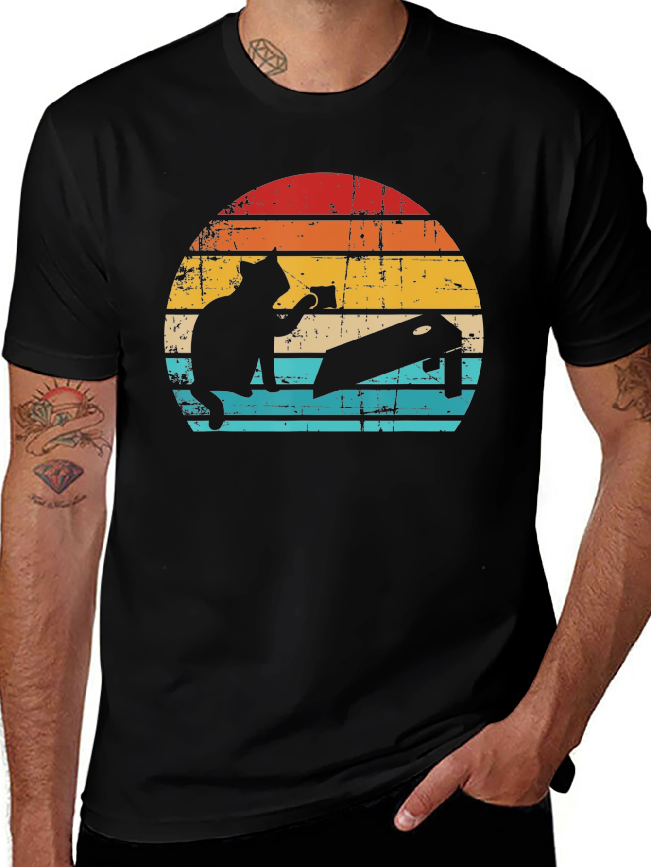 Variant 28 of Cat Cornhole T-Shirt - Retro Sunset Style