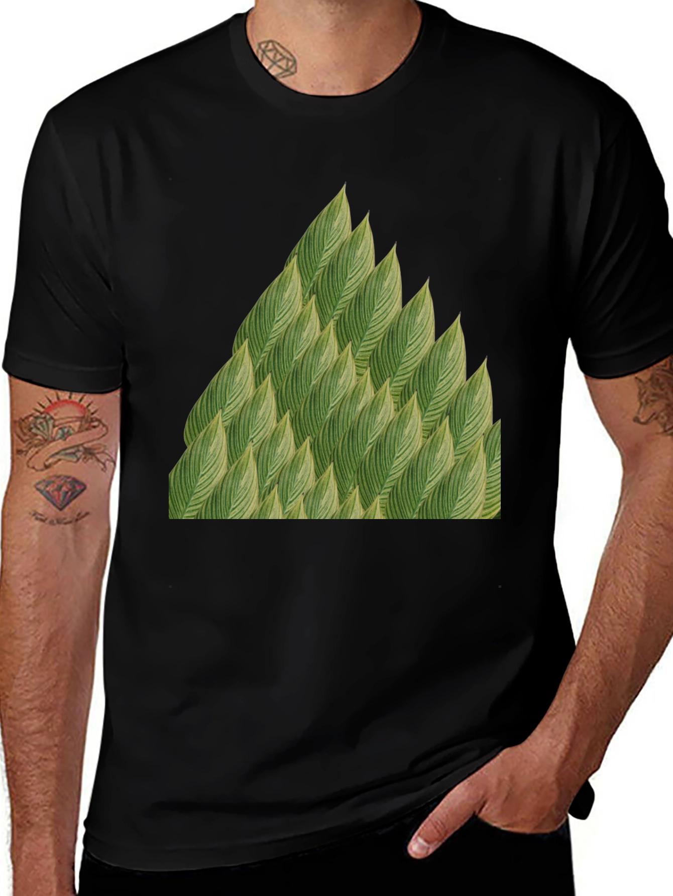 Variant 29 of Green Leaves Pattern Black T-Shirt