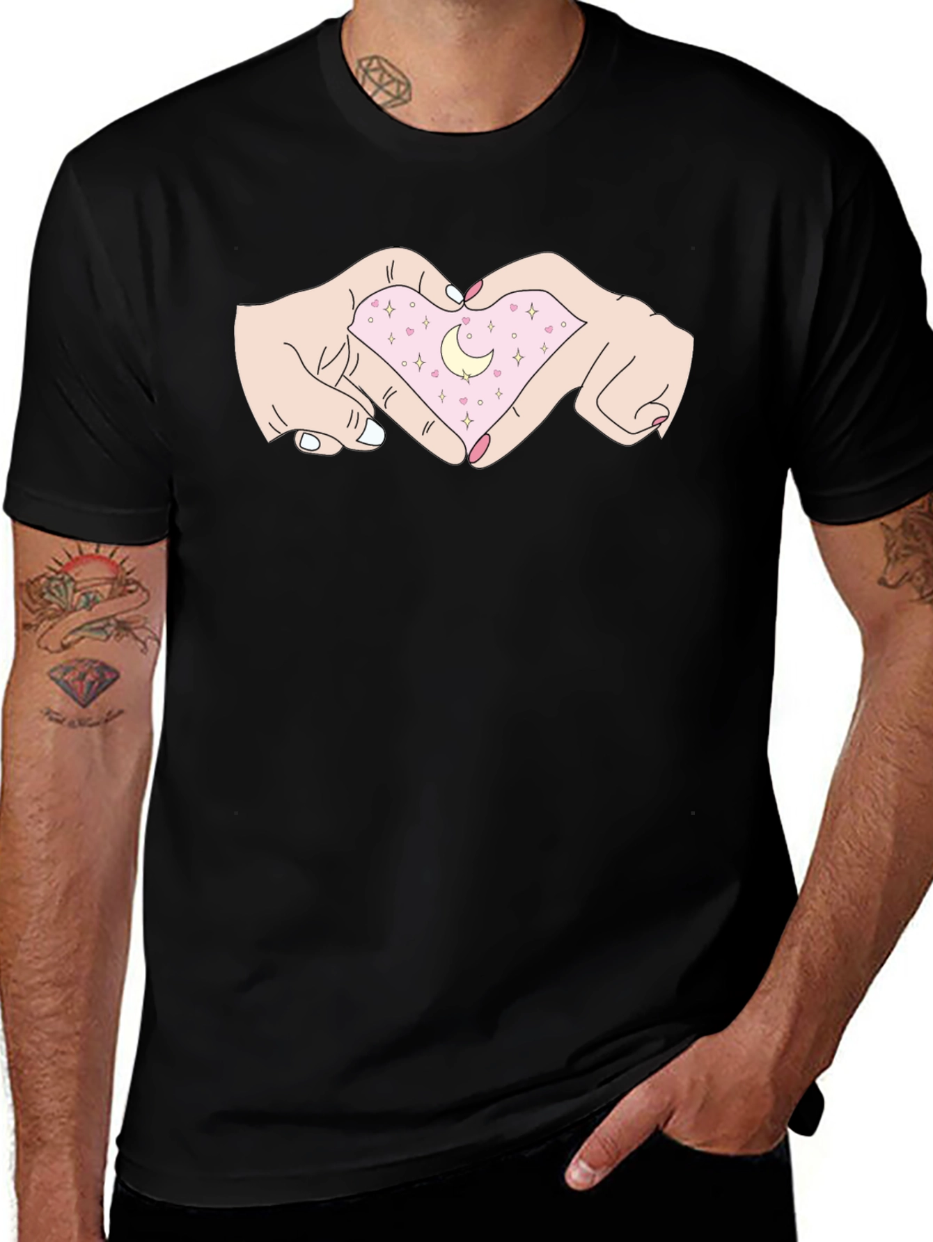 Variant 9 of Heart Hands Moon Graphic Tee - Black Casual T-Shirt