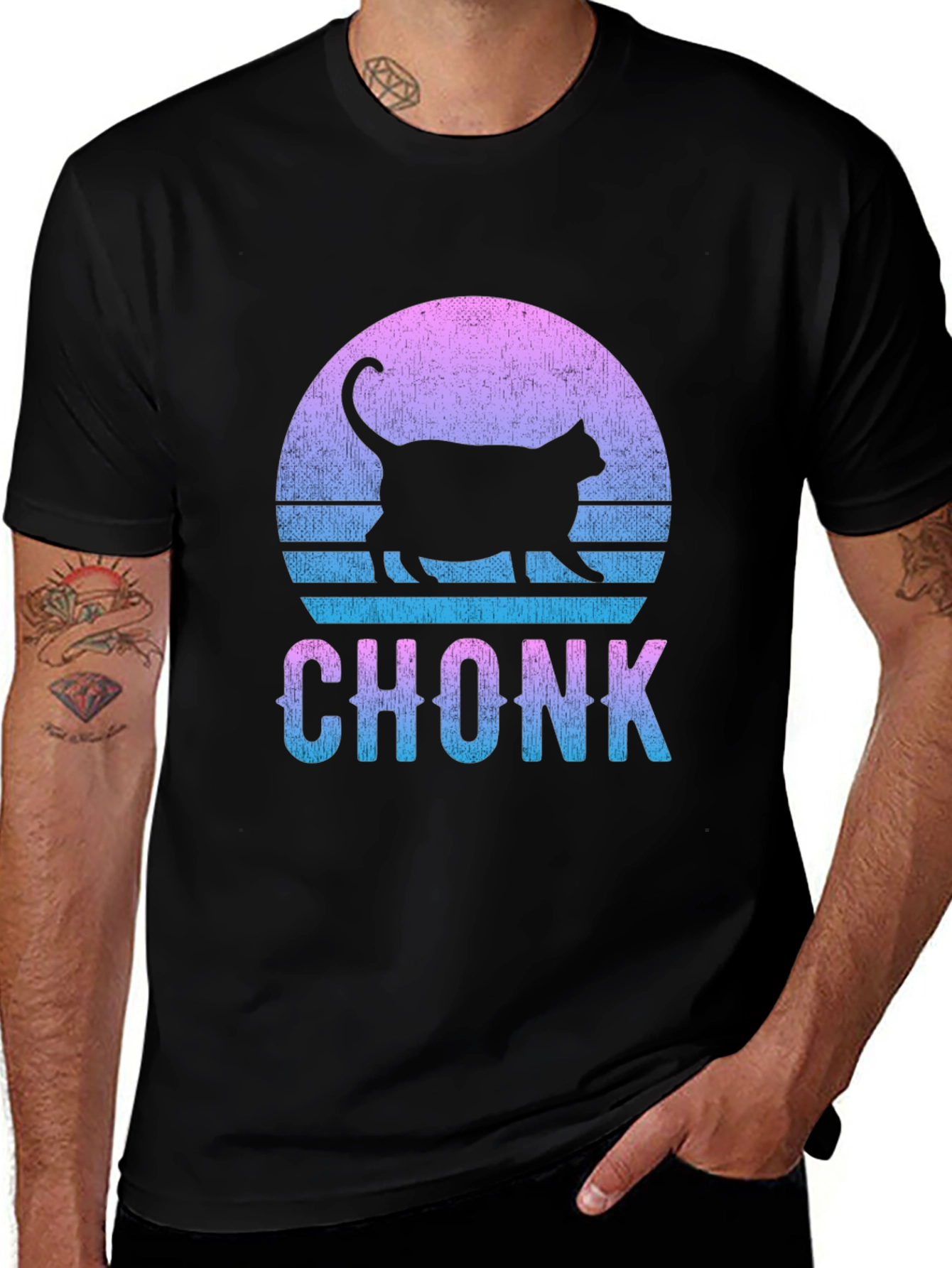 Variant 26 of Chonk Cat Graphic Tee - Retro Sunset Style