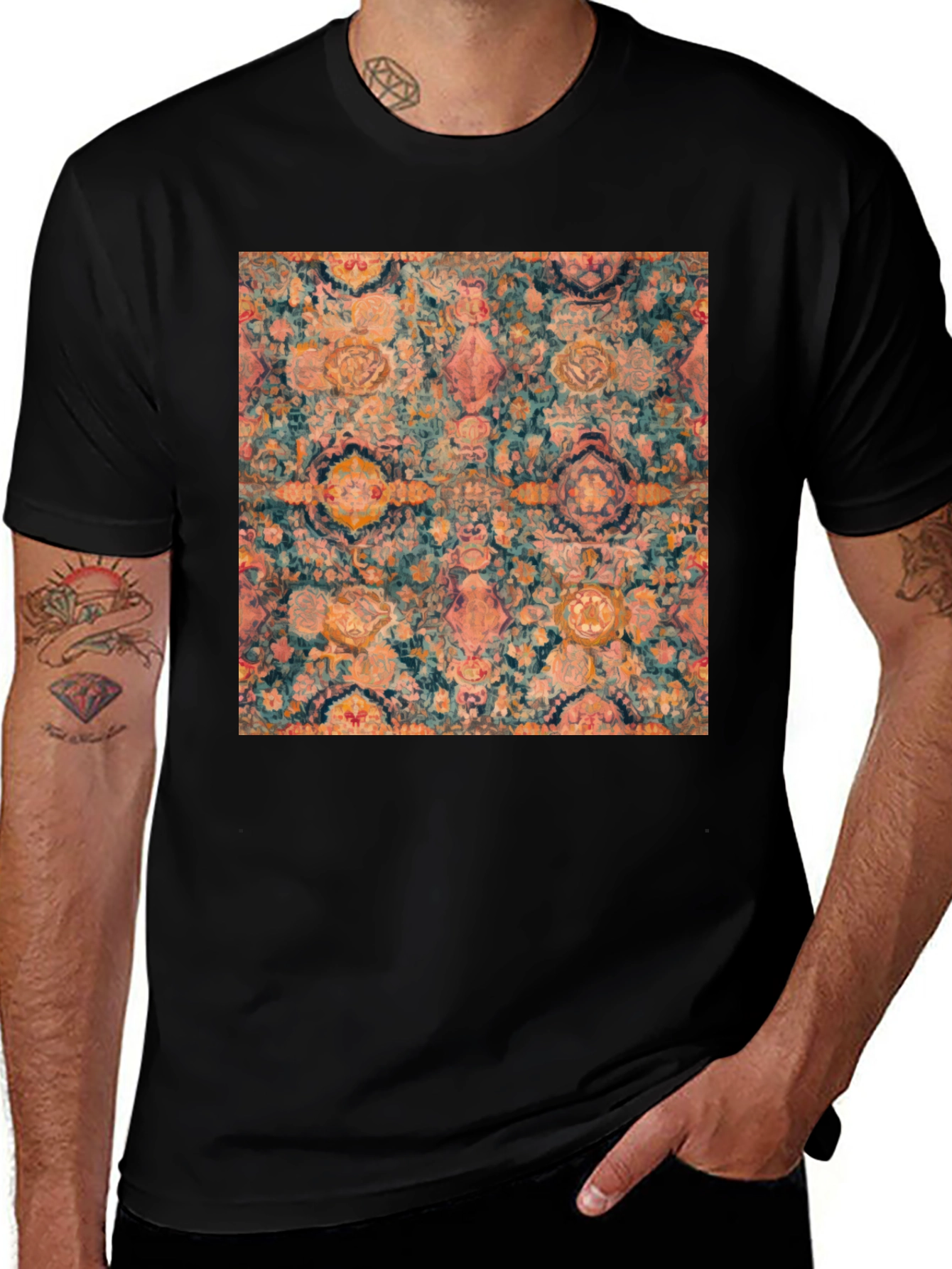 Variant 24 of Vintage Floral Pattern Black Crew Neck T-Shirt