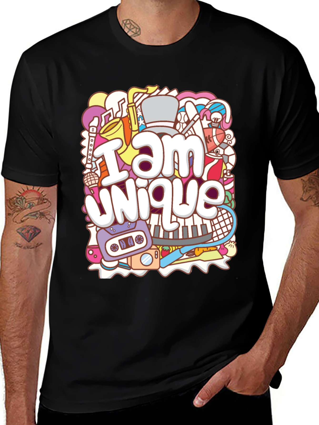 Variant 12 of Unique Doodle Graphic T-Shirt - Black Crew Neck