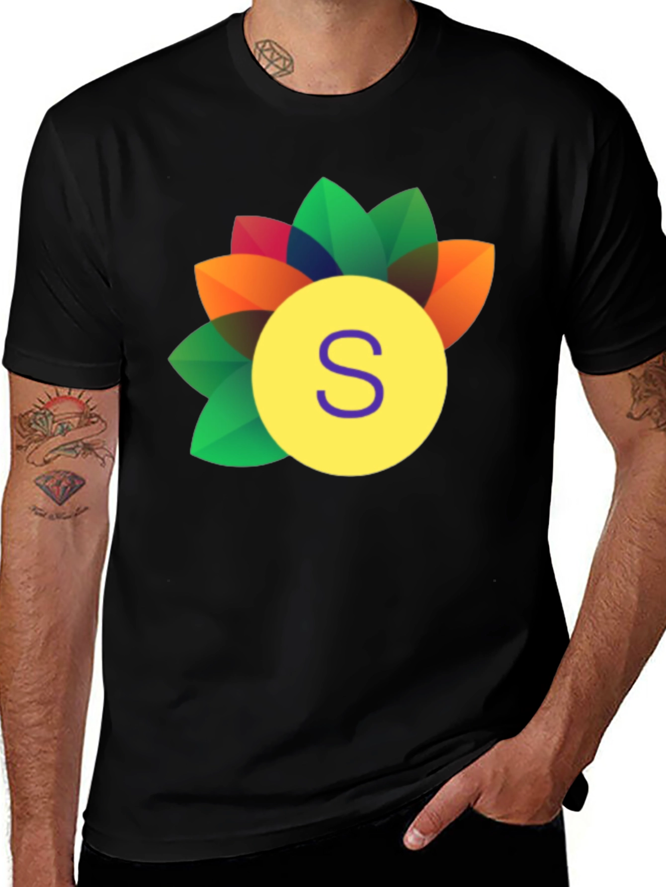 Letter S Floral Graphic Black T-Shirt
