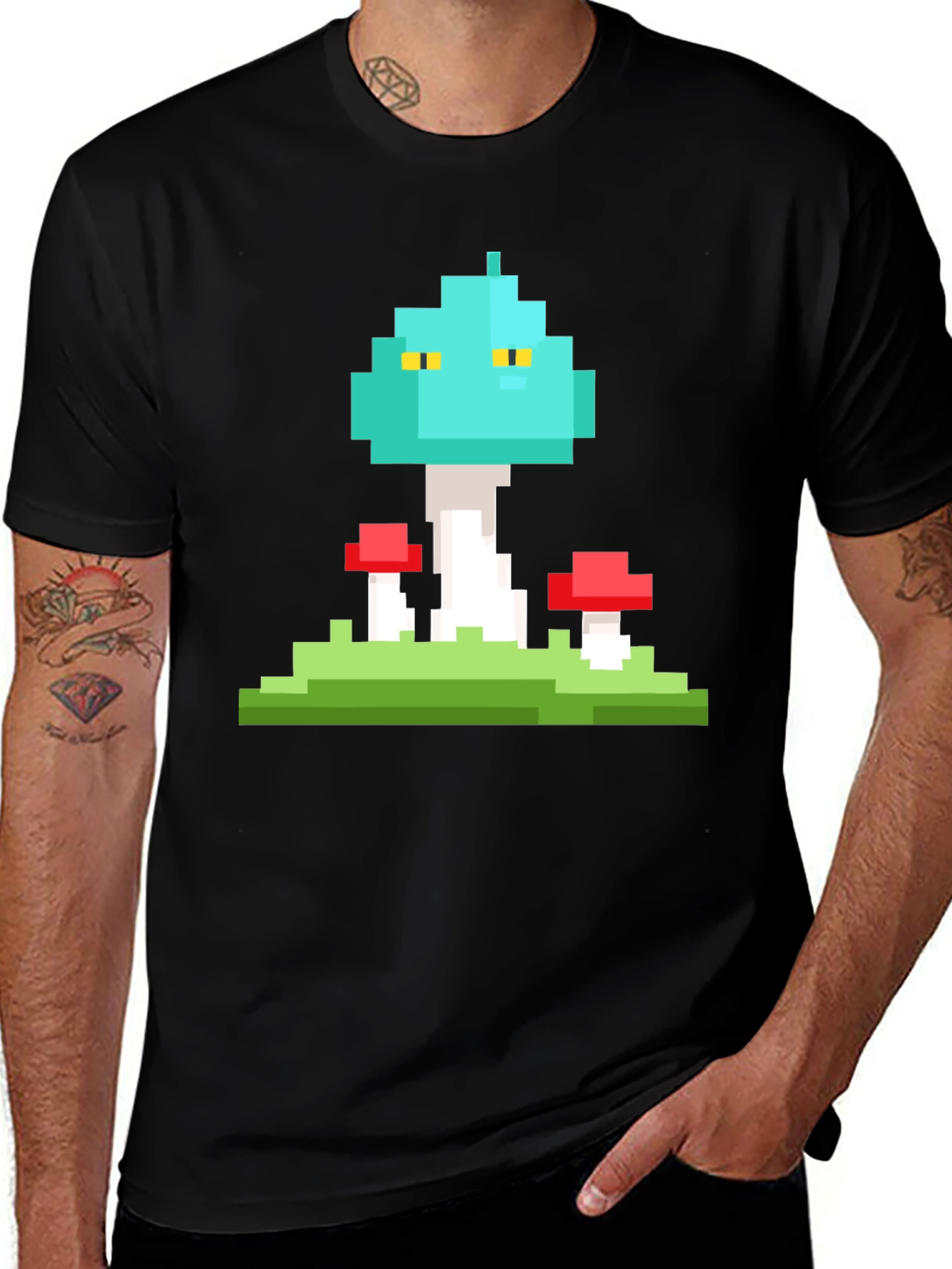 Variant 22 of Retro Pixel Mushroom Graphic Tee - Black Cotton T-Shirt