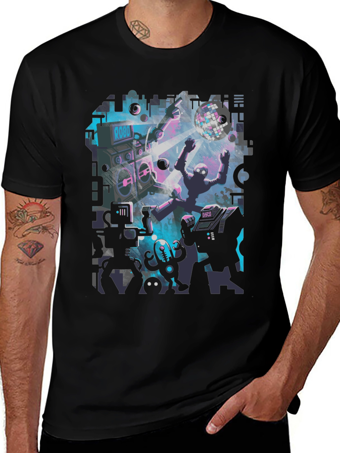 Variant 12 of Robot Rave Graphic Tee - Black Crew Neck T-Shirt