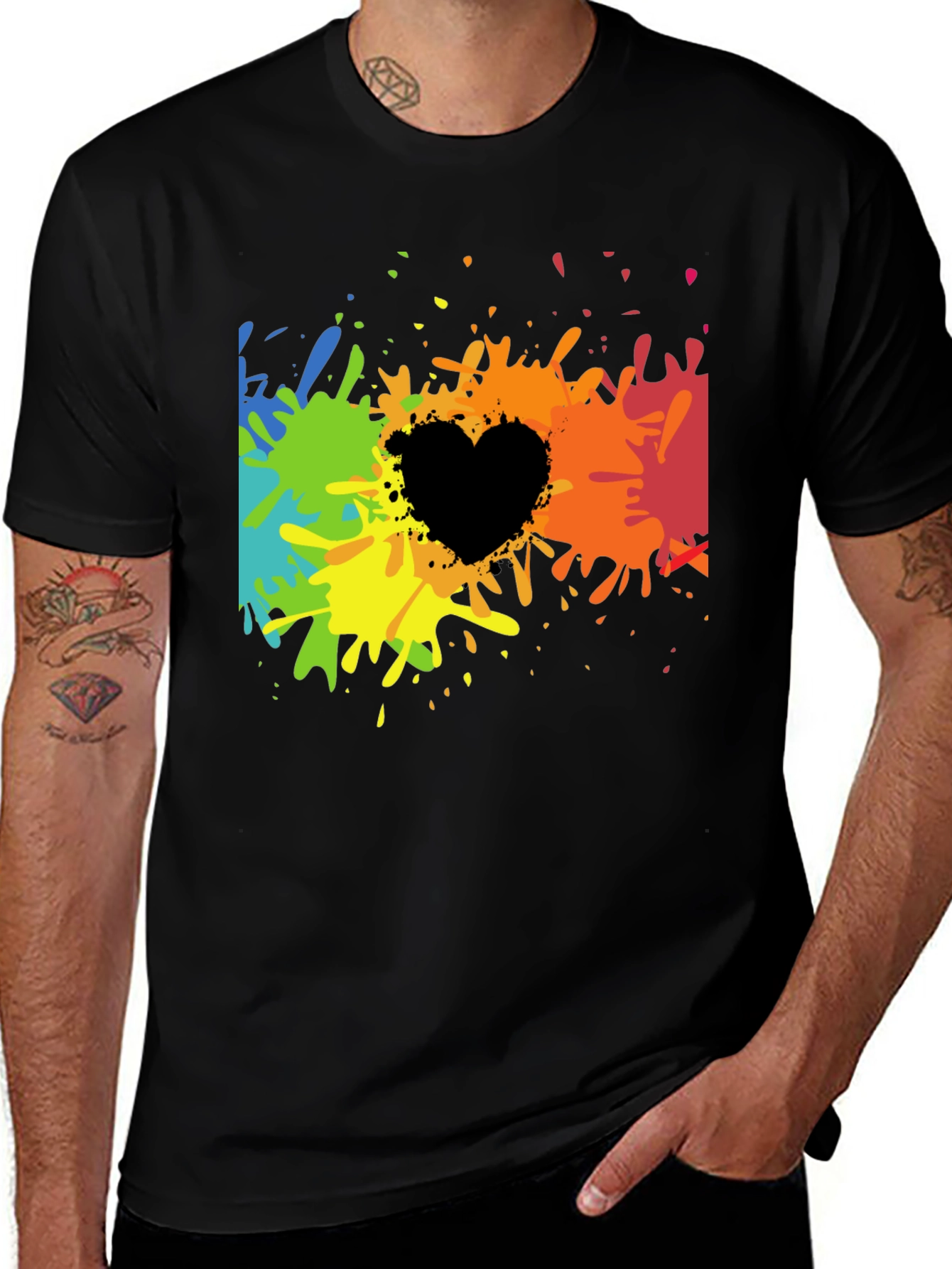 Variant 12 of Rainbow Splatter Heart Graphic Tee - Black