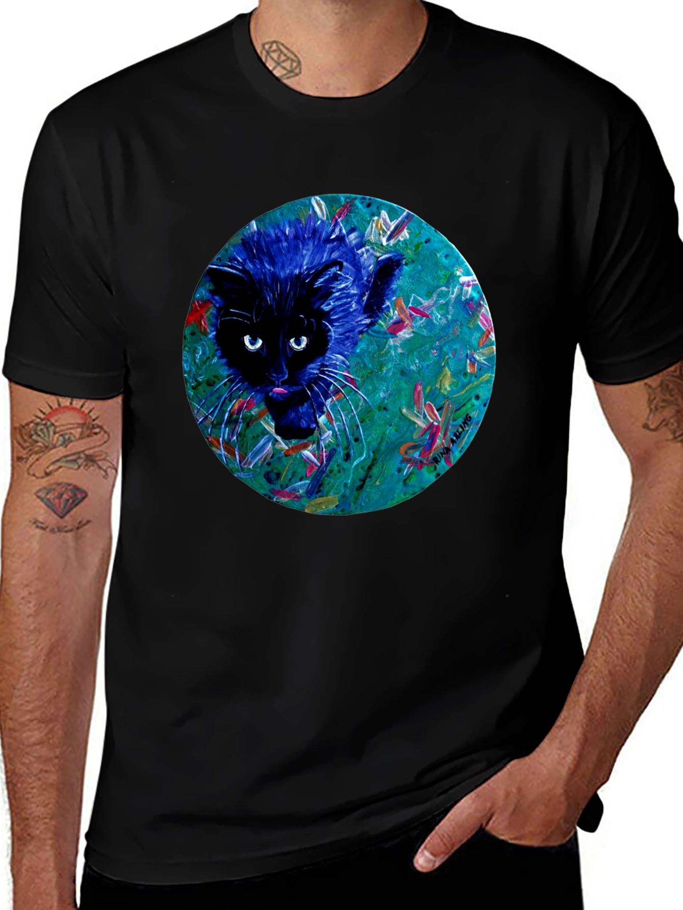 Variant 16 of Abstract Cat Graphic Tee - Black Cotton T-Shirt