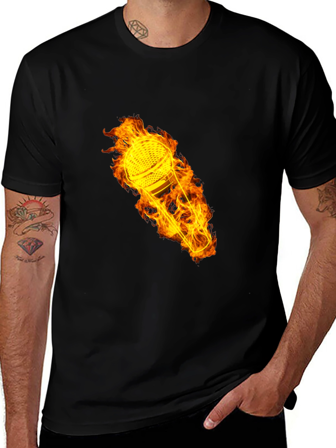 Variant 9 of Flaming Mic Graphic Tee - Black Cotton T-Shirt