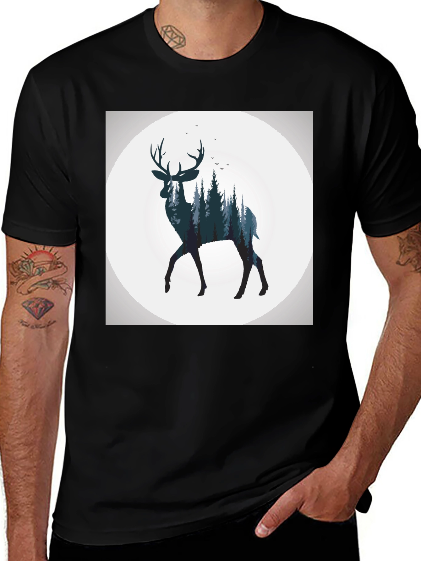 Deer Silhouette Forest Print Black T-Shirt
