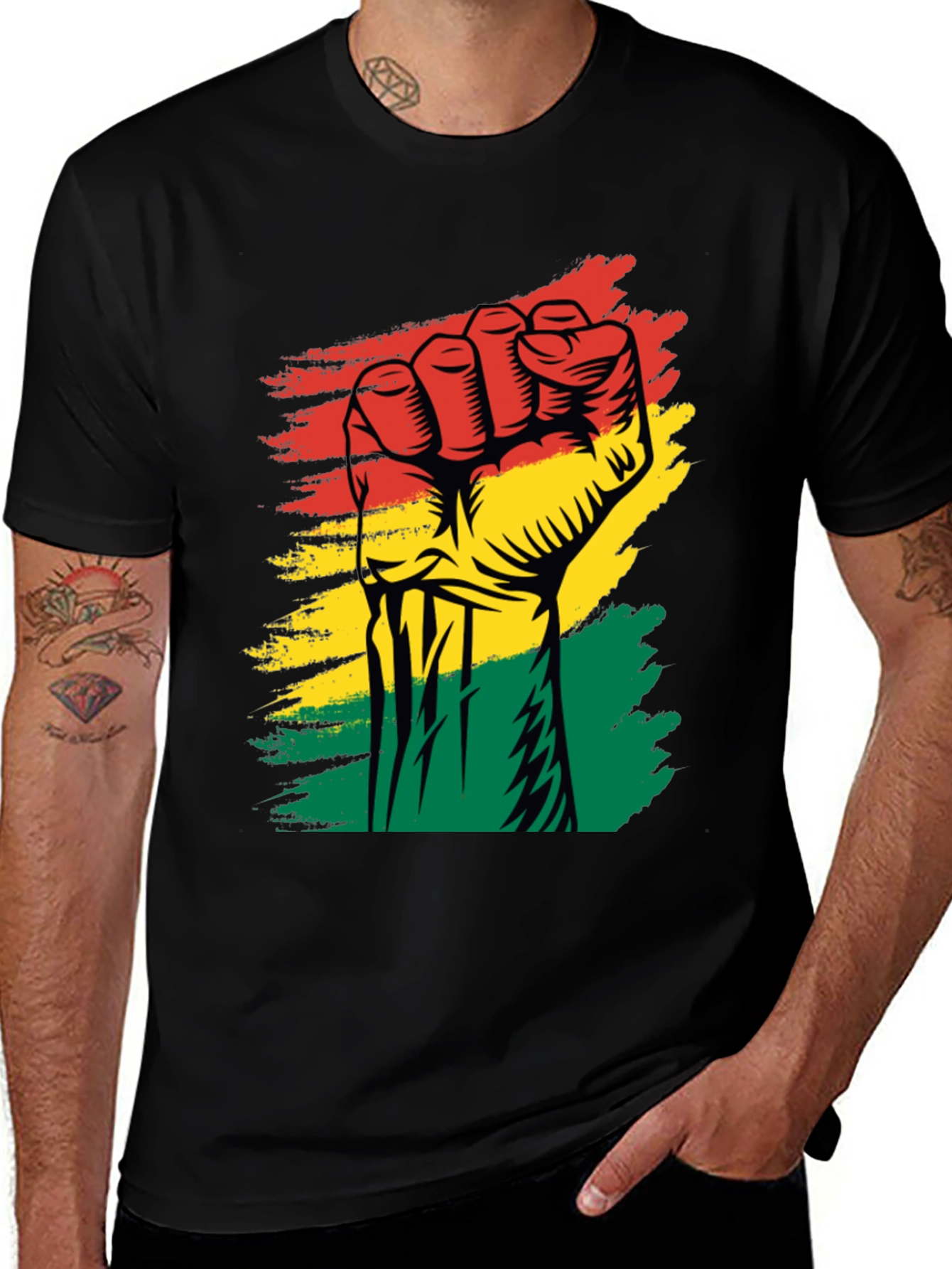 Variant 24 of Black Power Fist Graphic Tee - Red, Yellow, Green 