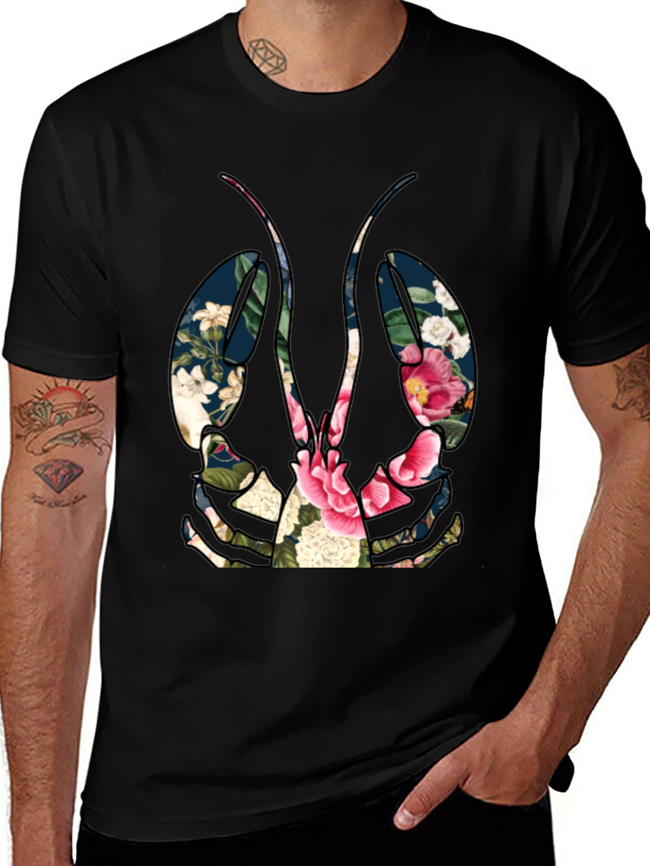Variant 8 of Floral Lobster Graphic Tee - Black Casual T-Shirt