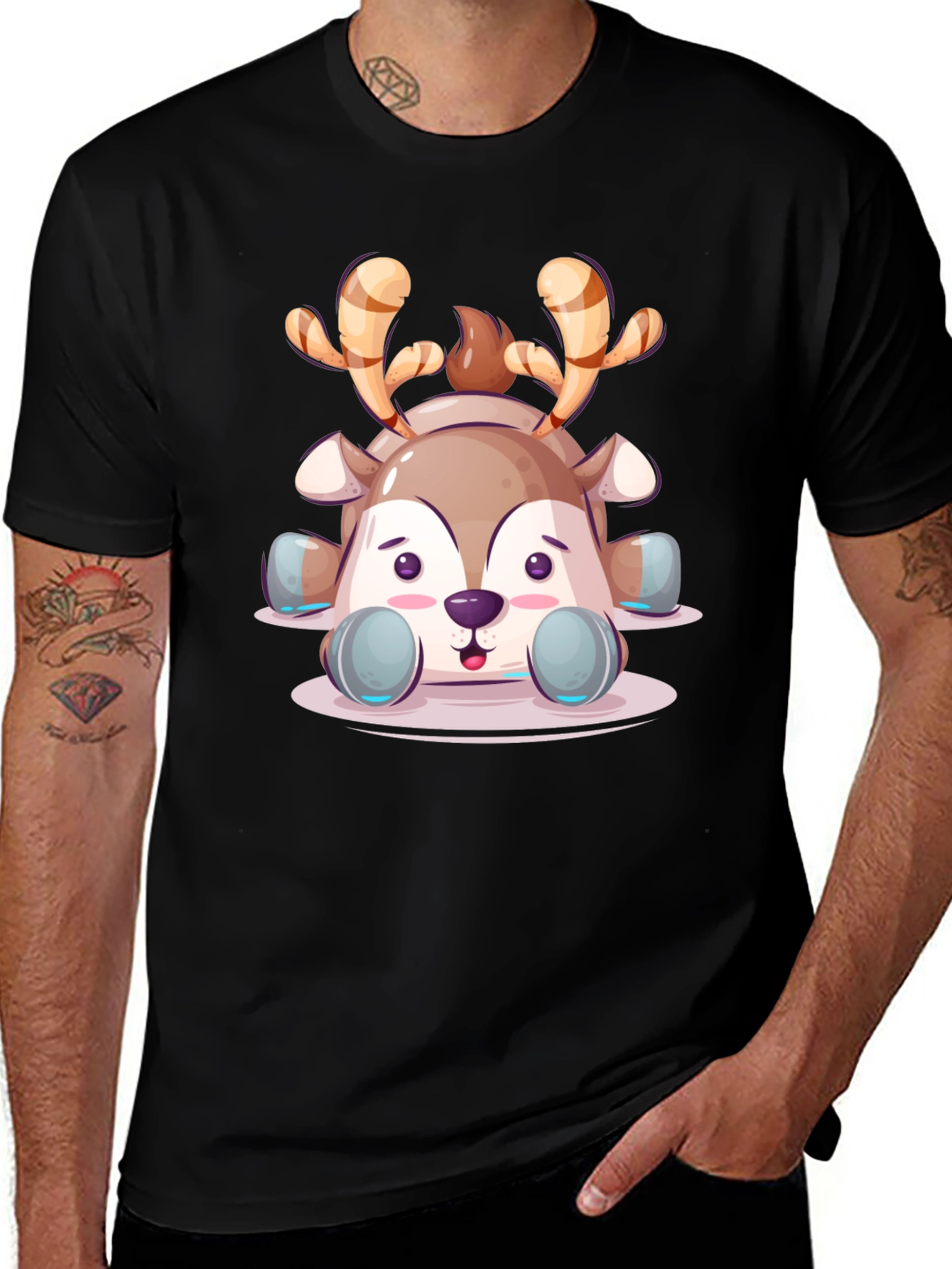 Variant 23 of Cute Cartoon Reindeer Graphic Tee - Black Unisex T-Shirt