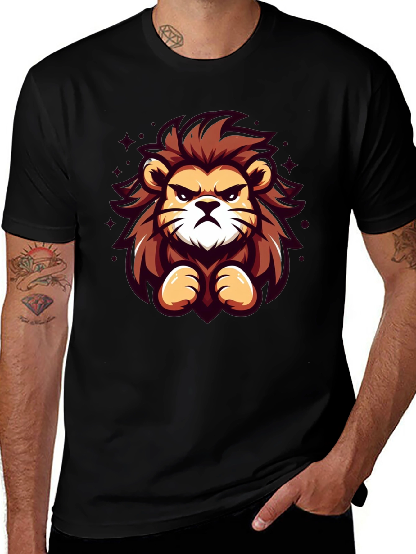 Cartoon Lion Graphic Black T-Shirt