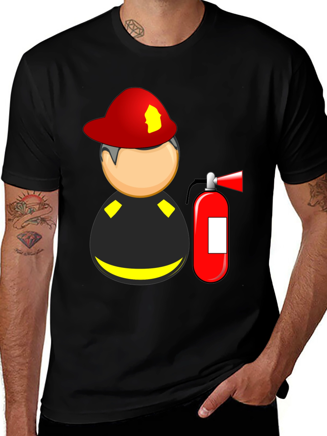 Variant 18 of Cartoon Firefighter T-Shirt - Black Cotton Blend