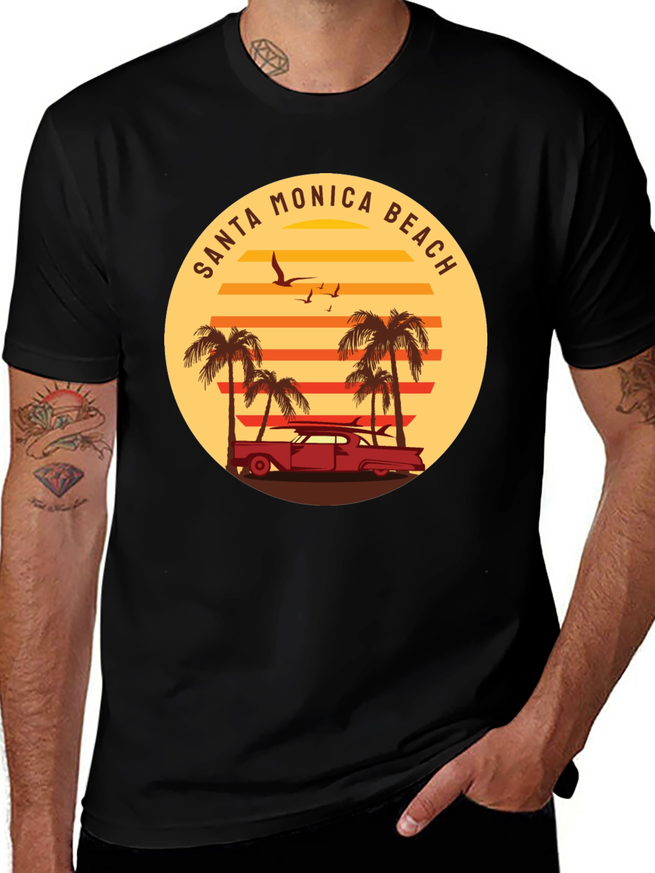 Santa Monica Beach Retro Graphic Tee - Black