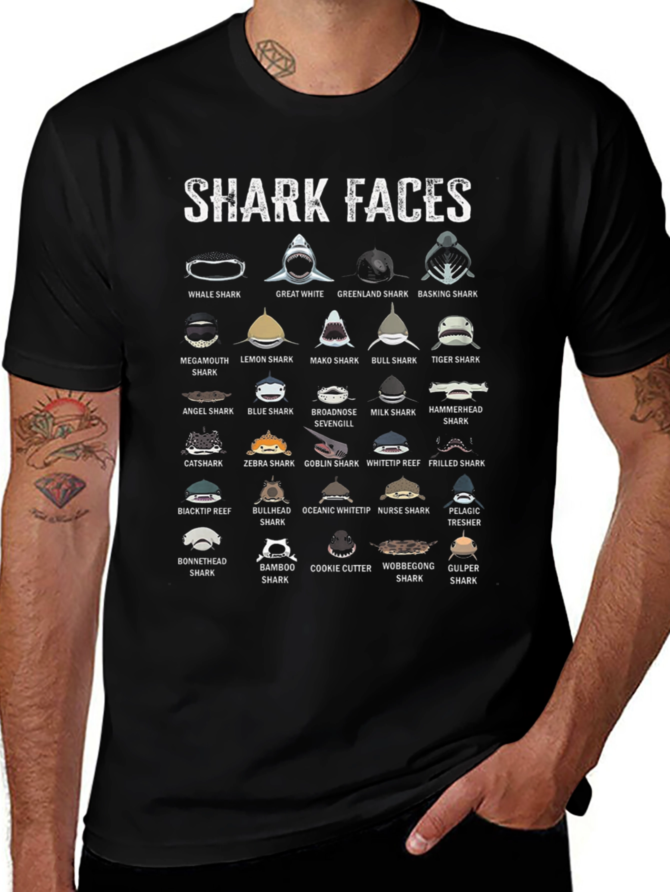 Black Shark Faces Graphic Print T-Shirt main image