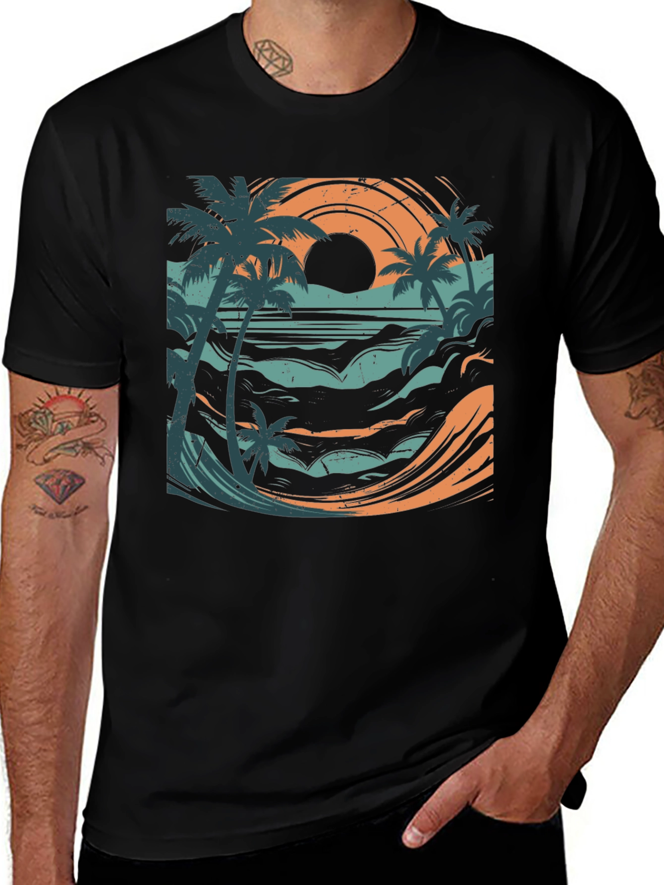 Variant 16 of Sunset Beach Graphic Tee - Black Cotton Blend