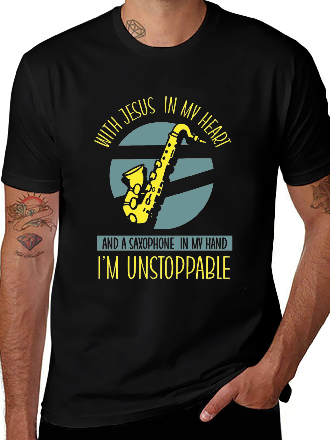Variant 6 of Saxophone Jesus T-Shirt: Unstoppable Christian Music Tee